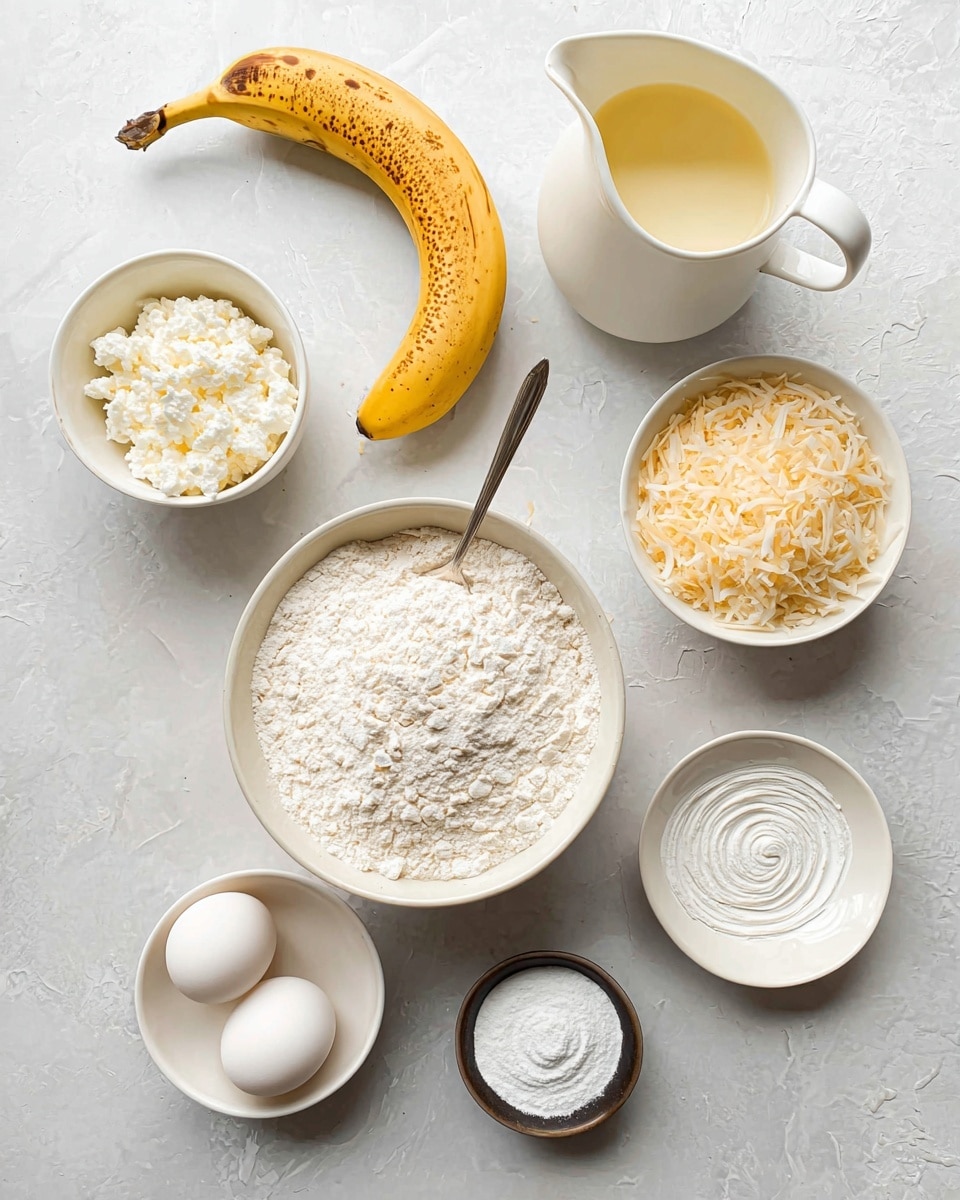 A top-down view of baking ingredients arranged on a white marbled surface, featuring a white bowl filled with white flour with a spoon sticking out in the center, a whole yellow banana with some brown spots placed above the bowl, a small white bowl with white cottage cheese to the left of the banana, and a white bowl with toasted shredded coconut to the right. Above the coconut bowl is a white ceramic jug with light yellow liquid. Below to the left, a small white bowl holds two white eggs, and to the right, a white bowl contains white granulated sugar with a spiral pattern on top. A tiny dark bowl with white powder is seen near the coconut bowl. photo taken with an iphone --ar 4:5 --v 7