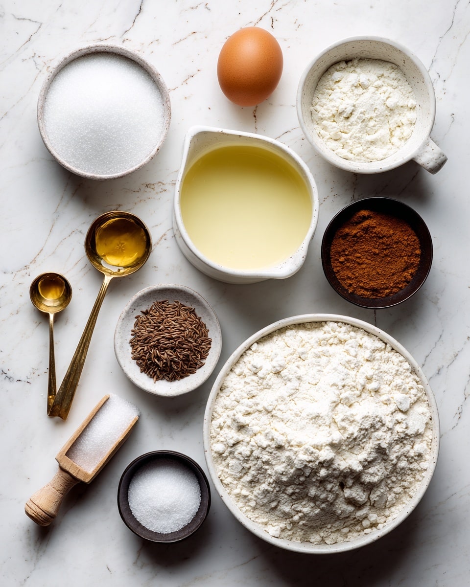 The image shows various baking ingredients arranged neatly on a white marbled surface. On the right side, there is a white bowl filled with white all-purpose flour with a slightly rough texture on top. Above it is a measuring cup holding smooth, pale yellow lard. Below the bowl of flour rests a single brown egg with a smooth shell. Near the center, two small black bowls hold brown anise seeds and white baking powder, both having fine textures. To the left, a white bowl contains granulated white sugar, while below it is another white bowl with sugar meant for coating. Above these, two metal measuring spoons with golden color contain bright golden brandy and light brown cinnamon powder. A small wooden scoop filled with fine white salt is placed near the center. The layout is clean and organized, highlighting each ingredient’s different textures and colors, all placed on the white marbled surface photo taken with an iphone --ar 4:5 --v 7