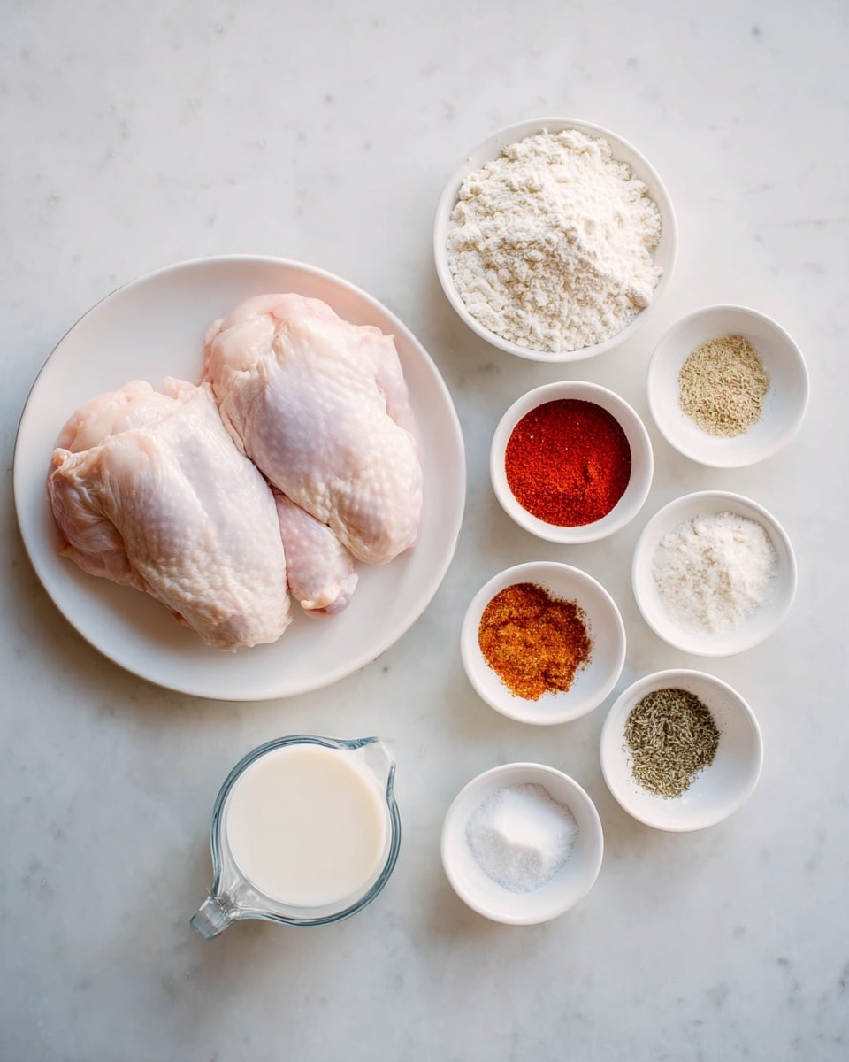 Two raw light pink chicken pieces sit on a white plate on the left side over a white marbled surface. To the right, there are eight small white bowls arranged in a scattered pattern, each holding different ingredients: white flour with a crumbled texture, granulated white salt, reddish paprika powder, ground black pepper, garlic powder, onion powder, and baking powder in powder form. Below the bowls is a clear glass measuring cup with a white liquid inside. The whole setup is lit evenly with soft natural light, photo taken with an iphone --ar 4:5 --v 7
