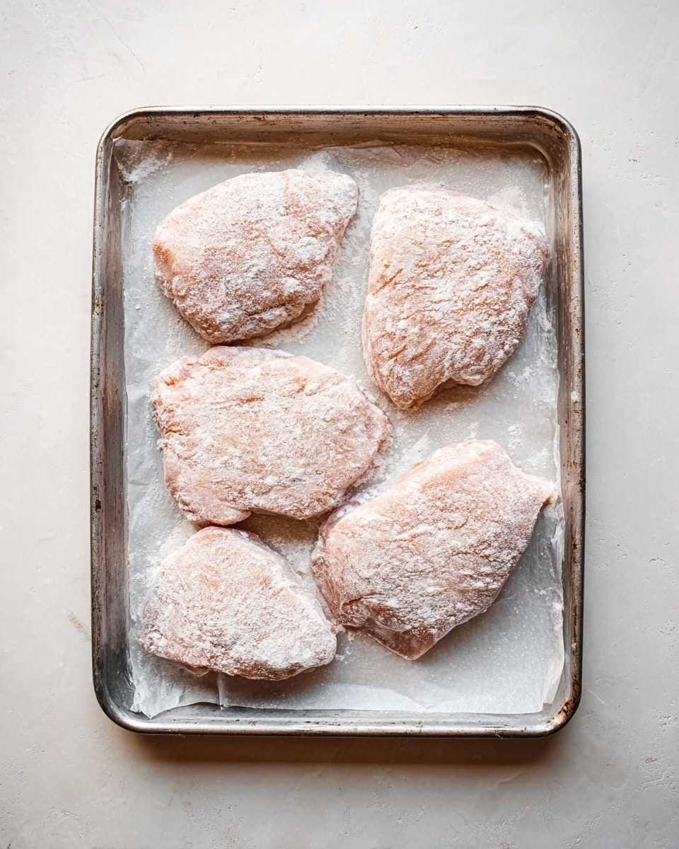 A metal baking tray lined with translucent parchment paper holds four large pieces of raw meat coated with a light powdery flour mix. The meat pieces have an uneven shape and a pale pink color hidden under a dry white flour layer. The tray and parchment paper show slight wrinkles and texture, all placed on a white marbled surface with soft, natural light brightening the scene. photo taken with an iphone --ar 4:5 --v 7