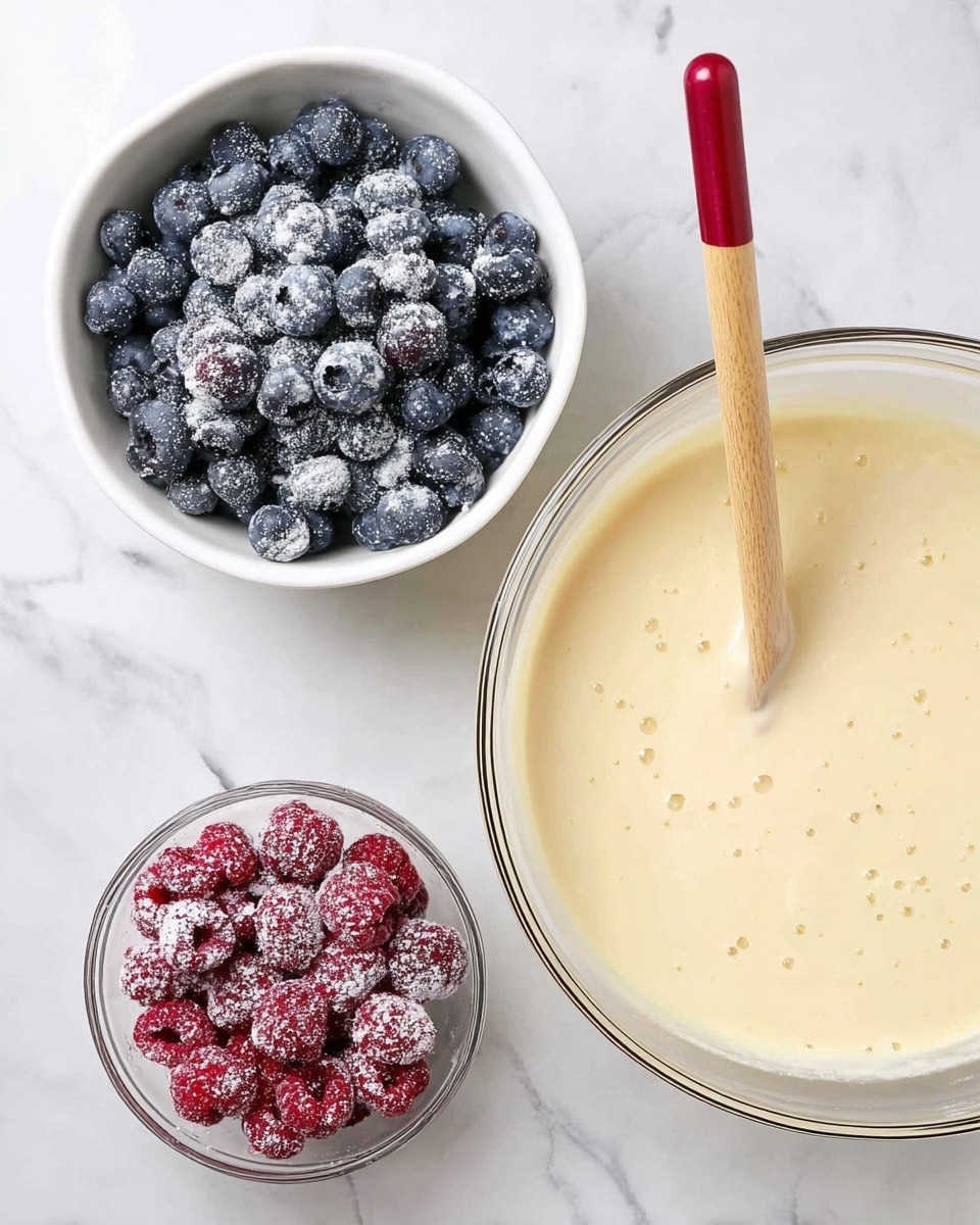 The image shows three bowls on a white marbled surface. On the left, there is a white bowl filled with dark blue blueberries covered in a light dusting of white powder. Below it, a smaller clear bowl holds red raspberries coated in white powder. On the right side, a large clear glass bowl contains a smooth, pale yellow batter with tiny air bubbles, and a wooden spoon with a red tip resting inside. photo taken with an iphone --ar 4:5 --v 7