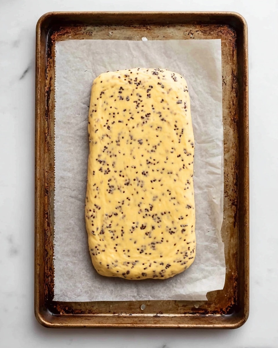 A rectangular slab of dough with small dark specks evenly spread throughout rests on a piece of parchment paper. The dough is smooth with rounded edges and has a pale yellow color with tiny black bits visible inside. The parchment paper lies on a worn metal baking tray that shows signs of use. The whole setup is presented on a white marbled surface. photo taken with an iphone --ar 4:5 --v 7