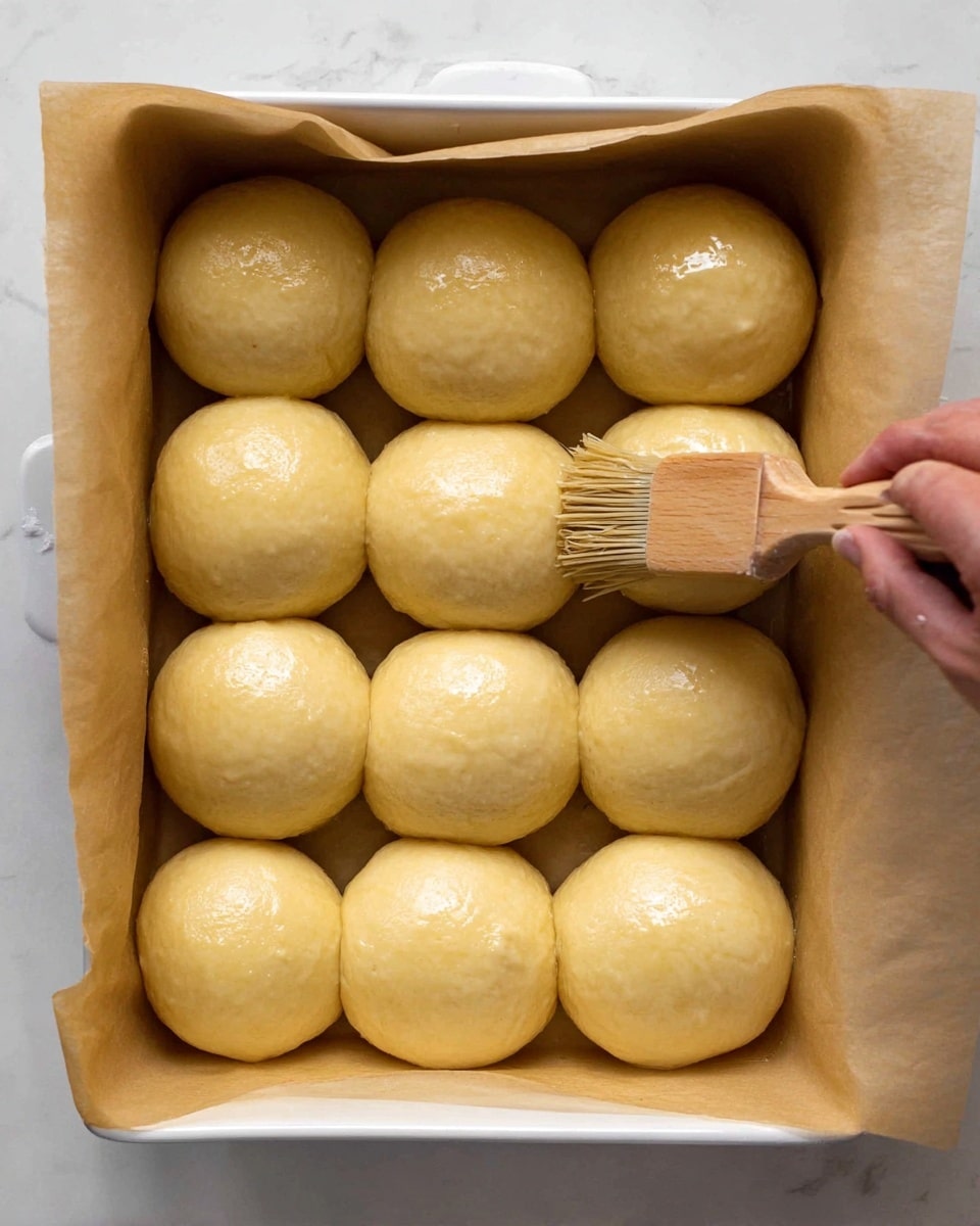 A white baking dish lined with light brown parchment paper holds 15 round dough balls arranged in three rows of five. The dough balls are smooth, shiny, and pale yellow, giving a fresh, soft appearance. A woman's hand is brushing the dough balls with a wooden pastry brush, adding a glossy finish. The background is a white marbled surface. photo taken with an iphone --ar 4:5 --v 7