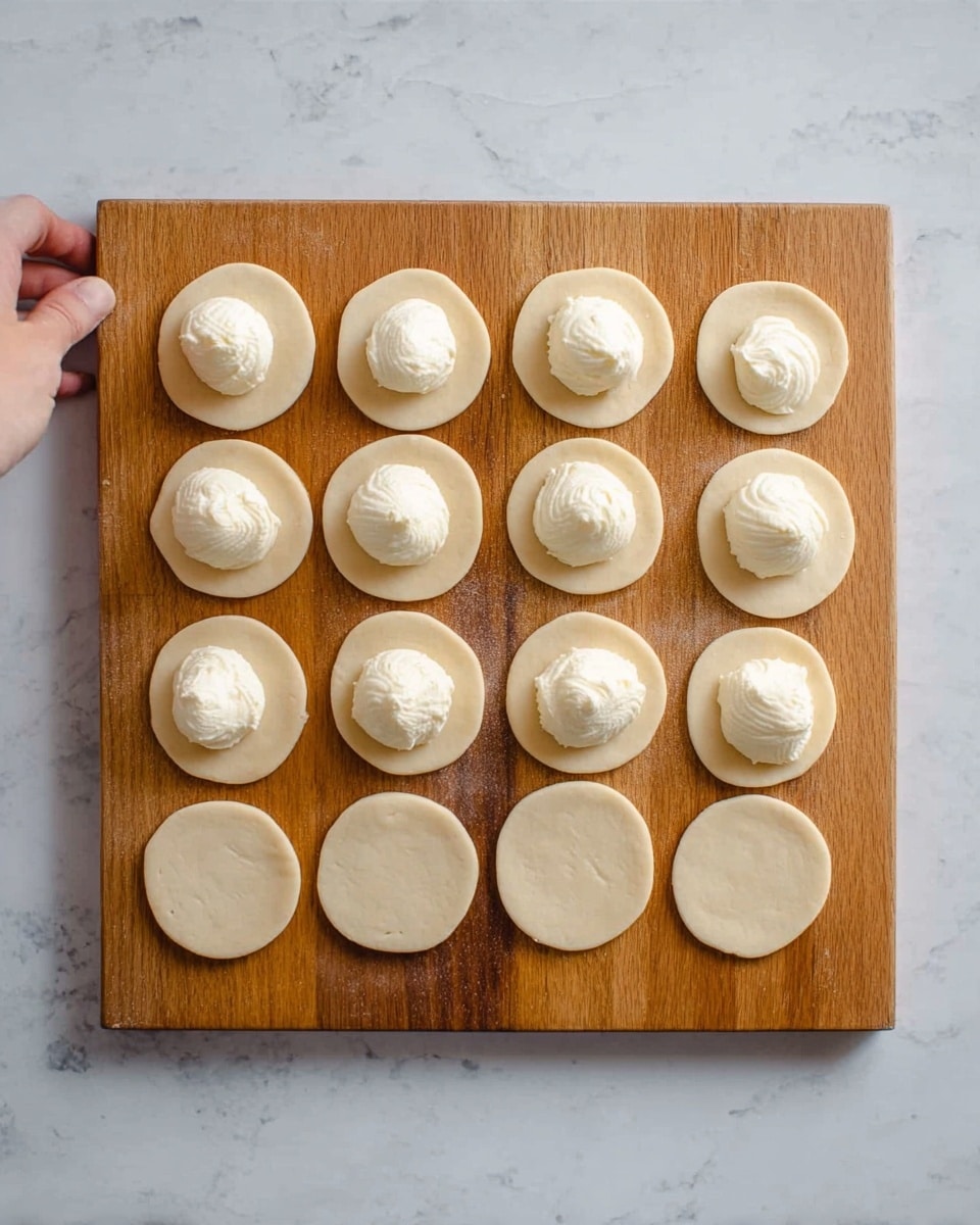 The image shows a wooden board placed on a white marbled surface, with sixteen round dough pieces evenly arranged in a 4x4 grid. Each circular dough piece is pale and smooth, with eight of them topped with a small dollop of white creamy filling positioned in the center. The dough circles without filling have a uniform flat texture, while those with filling have a soft, uneven mound of creamy substance creating a slight height contrast. The overall arrangement is neat, with the wooden board's warm tone contrasting with the cool white marbled background. Photo taken with an iphone --ar 4:5 --v 7