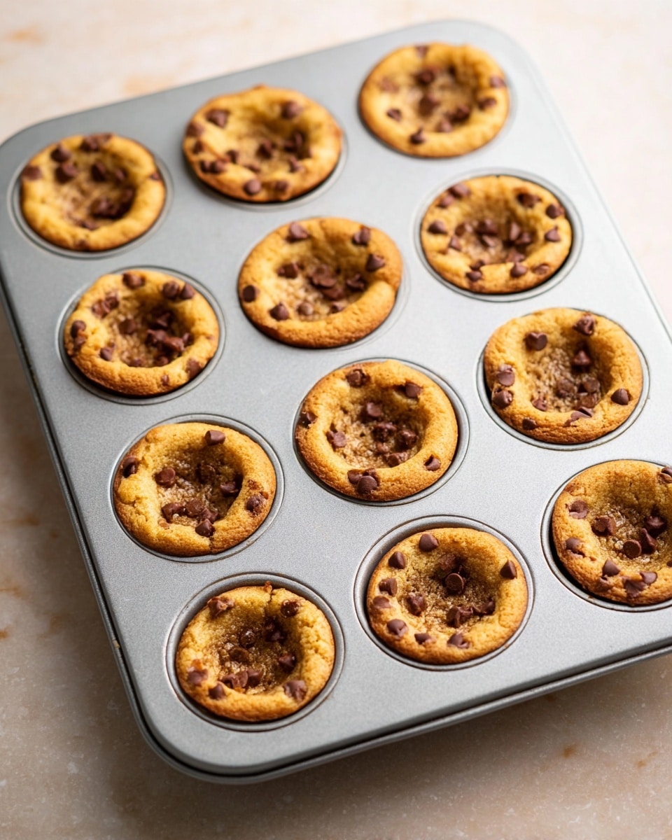 The image shows a muffin tray holding twelve chocolate chip cookie cups, each with a thick, golden-brown outer edge dotted with small dark chocolate chips. The centers of the cookie cups are hollowed out and have a slightly darker brown, slightly shiny texture, indicating a soft and chewy middle. The muffin tray is placed on a white marbled surface, adding a clean and elegant touch to the presentation. photo taken with an iphone --ar 4:5 --v 7