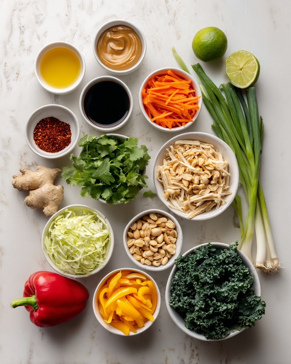 The image shows a collection of ingredients arranged neatly on a white marbled surface, split into two sections. On the left, there are small white bowls and containers holding light golden sesame oil, dark coconut aminos or soy sauce, smooth light brown peanut butter, light amber honey, a black bowl with reddish cayenne pepper, and a fresh green lime. Fresh ginger root and a small garlic clove sit directly on the surface. On the right, the ingredients include a white bowl of shredded light beige chicken, a bowl of bright orange shredded carrot, a bowl of pale beige peanuts, a bright red bell pepper placed beside, a bunch of fresh green cilantro, chopped yellow napa cabbage in a white bowl, dark green kale in a bowl, and three fresh green onions with white bulb ends resting on the surface. The whole setup is clean and organized, emphasizing the natural colors and textures of the ingredients photo taken with an iphone --ar 4:5 --v 7