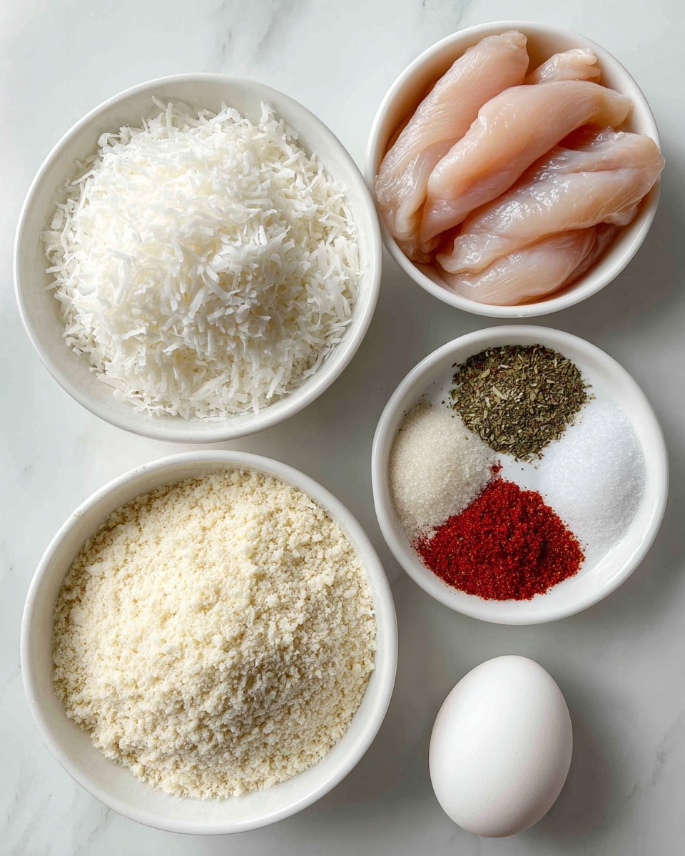 The image shows four white bowls and one white egg on a white marbled background. The top left bowl is filled with shredded white unsweetened coconut, which looks fluffy and finely textured. The bottom left bowl holds several raw chicken tenders that are light pink and smooth. On the right side, there are two bowls: the top right bowl contains small portions of garlic powder (light beige), dried parsley (dark green), paprika (bright red), and salt (white) arranged side by side. Below it, a larger bowl is filled with almond flour, which has a pale beige color and a soft, powdery texture. The egg, smooth and white, is placed below the almond flour bowl. Photo taken with an iphone --ar 4:5 --v 7