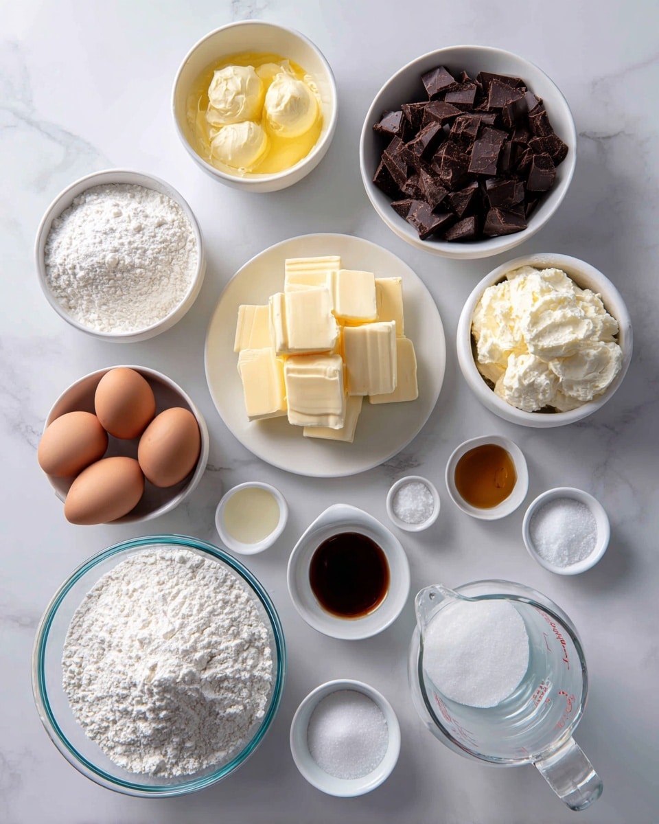 The image shows a neat arrangement of baking ingredients on a white marbled surface with bowls and containers all white except one clear glass bowl. Starting from the top left, there is a white bowl filled with pale yellow egg whites, next to a white bowl filled with dark brown chocolate chunks. Below them, there is a white bowl filled with white flour and next to it a white plate stacked with light yellow butter cubes. On the right side, there is a clear plastic measuring cup containing white buttermilk. In the lower left are three brown eggs in a small white bowl, a small white bowl with dark brown vanilla extract, and a small clear bowl with clear oil. Moving right, there are small white bowls with white leaveners and salt. In the foreground, a large clear glass bowl is full of white sugar. Everything is arranged evenly and clearly labeled with black text inside translucent white boxes. Photo taken with an iphone --ar 4:5 --v 7