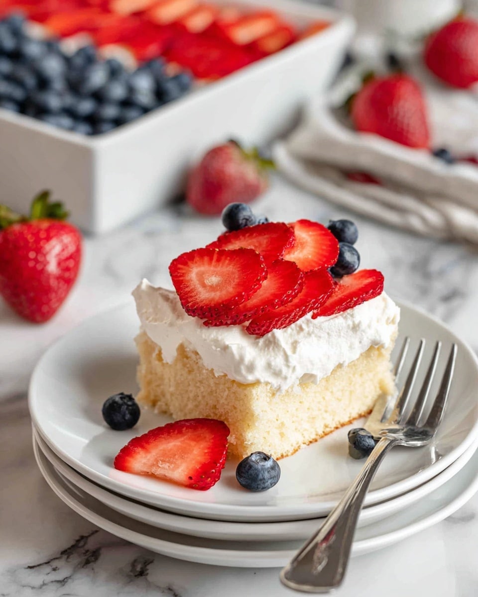 A single square piece of light yellow cake sits on a stack of three white plates, topped with a thick, fluffy white cream layer and decorated with sliced bright red strawberries arranged on top. Around the cake on the plate are a few whole blueberries and halved strawberries adding deep blue and red colors. A silver fork lies next to the cake on the right side. In the background, there is a white dish with rows of blueberries and sliced strawberries placed neatly. The whole scene is set on a white marbled surface. Photo taken with an iphone --ar 4:5 --v 7