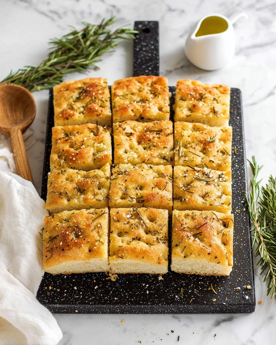 A square focaccia bread is shown cut into nine equal rectangular pieces on a dark speckled cutting board. The focaccia is golden brown with a slightly crispy texture on top, sprinkled with coarse salt, chopped rosemary, and small bits of garlic and seasoning. The soft inside edges are visible where the bread is cut, showing a light airy crumb. Around the board, there are some sprigs of fresh rosemary resting on a white marbled surface, along with a white cloth, and a small white pitcher of olive oil nearby. Photo taken with an iphone --ar 4:5 --v 7