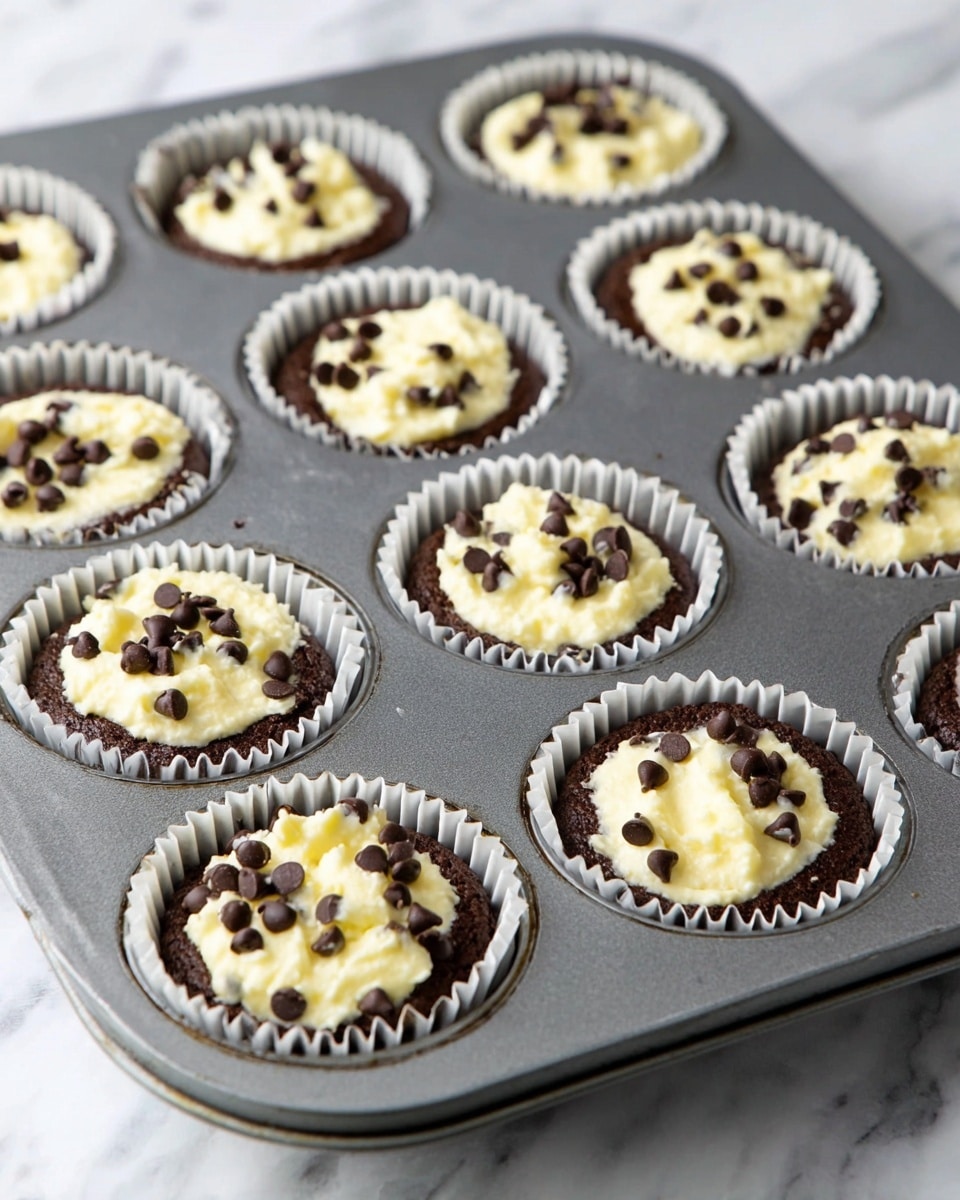A grey metal cupcake tray holds nine paper cupcake liners filled with two layers each: the bottom layer is smooth dark brown chocolate batter, and the top layer is creamy pale yellow cheesecake mix dotted with small dark chocolate chips. The cheesecake layer is irregularly dolloped on top, and each has extra chocolate chips sprinkled over it. The tray sits on a white marbled surface, and the image is taken from a slight angle showing the front and top view of the cupcakes. Photo taken with an iphone --ar 4:5 --v 7