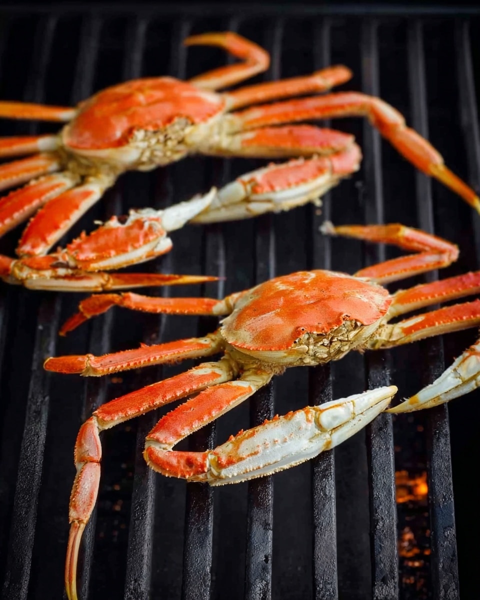 The image shows two whole cooked crabs with orange-red shells and white undersides placed on a black grill grate. The crabs' long legs with pointed tips are spread out neatly, showing a mix of smooth and slightly textured surfaces. The grill bars run horizontally underneath them with heat spots visible, highlighting the cooking process. The background is dark, focusing attention on the bright shells of the crabs photo taken with an iphone --ar 4:5 --v 7