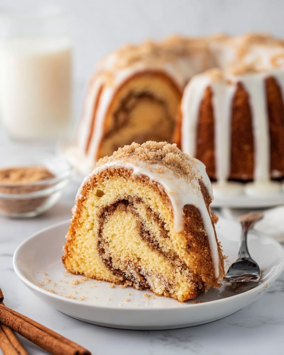 The image shows a thick slice of a cinnamon swirl bundt cake on a white plate, with a white creamy icing layer spread over the top and sprinkled with light brown sugar or cinnamon crumbs. The cake slice has a golden yellow color with a dark cinnamon spiral running through the middle. In the background, part of the whole bundt cake is visible with thick lines of the same white icing drizzled over the top. The scene is set on a white marbled surface, with two cinnamon sticks on the bottom left and a small glass bowl of brown sugar blurred in the background, along with a glass of milk. A silver fork rests near the plate. photo taken with an iphone --ar 4:5 --v 7