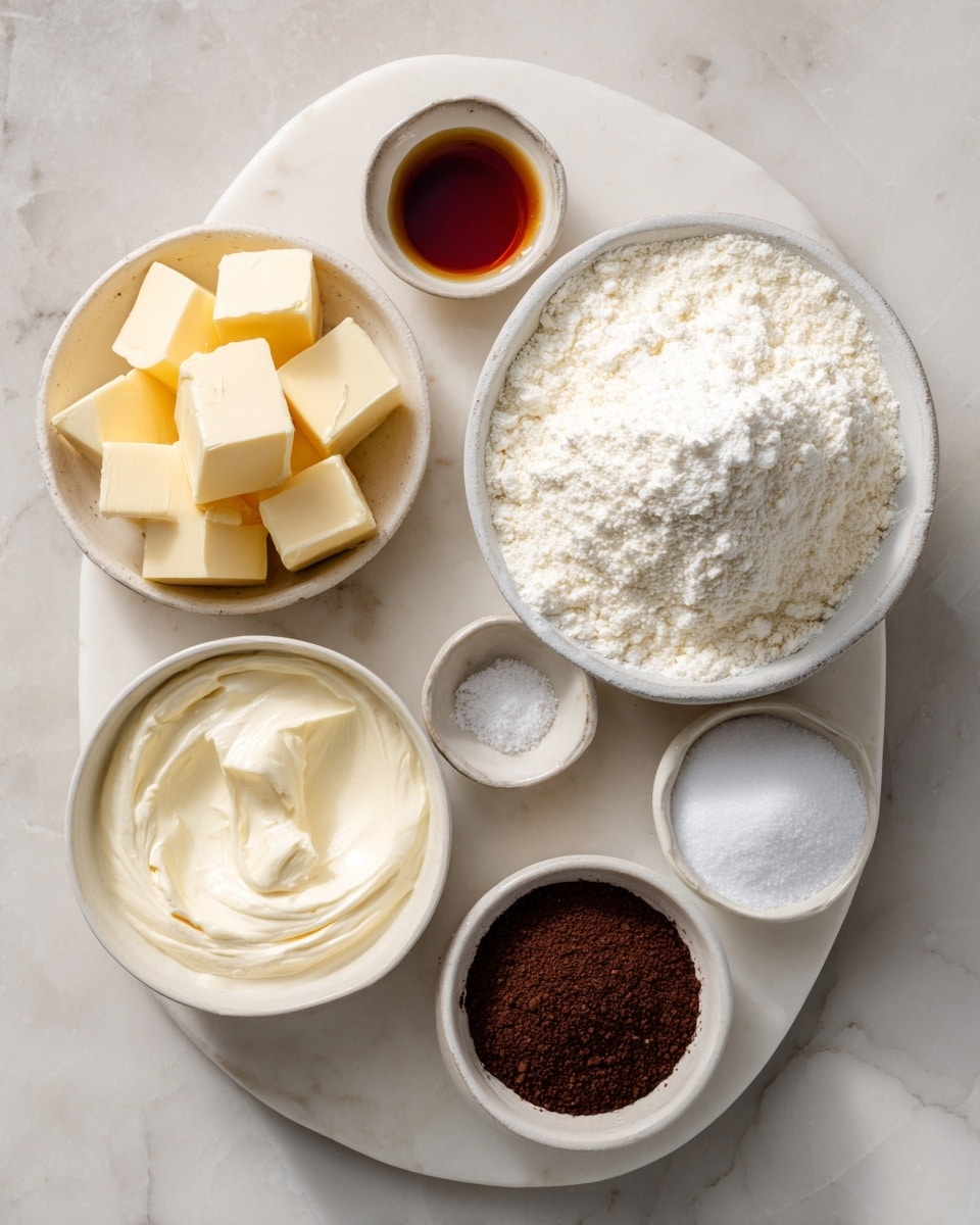 A white marbled surface holds six separate small white bowls arranged loosely in a circular pattern. The largest bowl on the right side is filled with a mound of fine white confectioners' sugar with a soft powdery texture. Below it, a smaller bowl contains smooth off-white heavy cream. To the left of that, a bowl shows several thick pale yellow cubes of butter with a creamy texture. Above and a little left, there is a small bowl with a dark amber liquid, vanilla. Next to it, a bowl holds coarse white salt, and at the bottom right, a small bowl contains finely ground espresso powder that is a deep, rich brown. Photo taken with an iphone --ar 4:5 --v 7