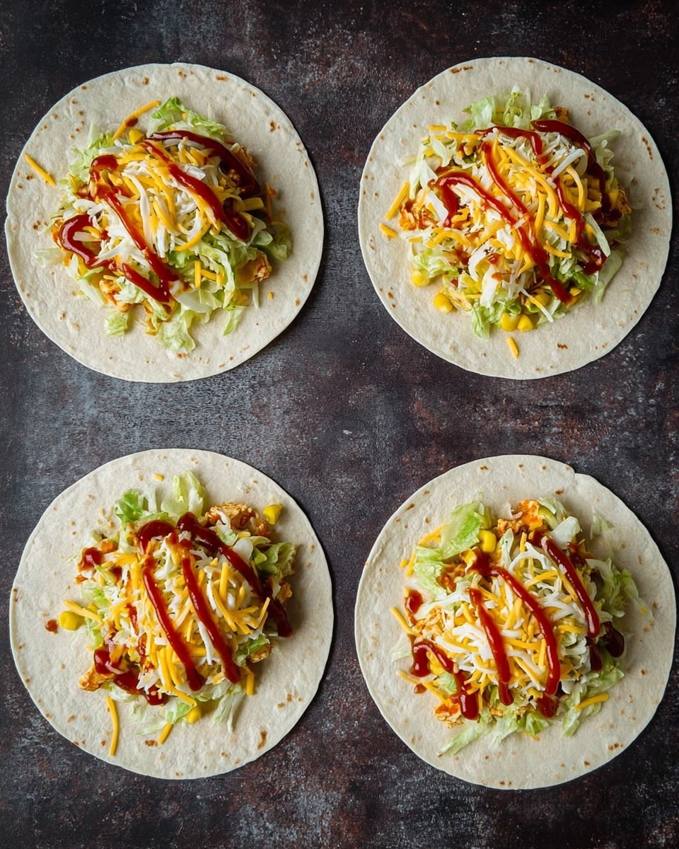 Four white round tortillas are spread flat on a dark surface. Each tortilla has a stack in the center made of several layers: at the bottom is a round yellow base, then green shredded lettuce, small bits of red and yellow vegetables, a layer of white and yellow shredded cheese, and finally a drizzle of dark red sauce on top. The tortillas and their stacks are evenly spaced in a square shape, viewed from above. The photo taken with an iphone --ar 4:5 --v 7
