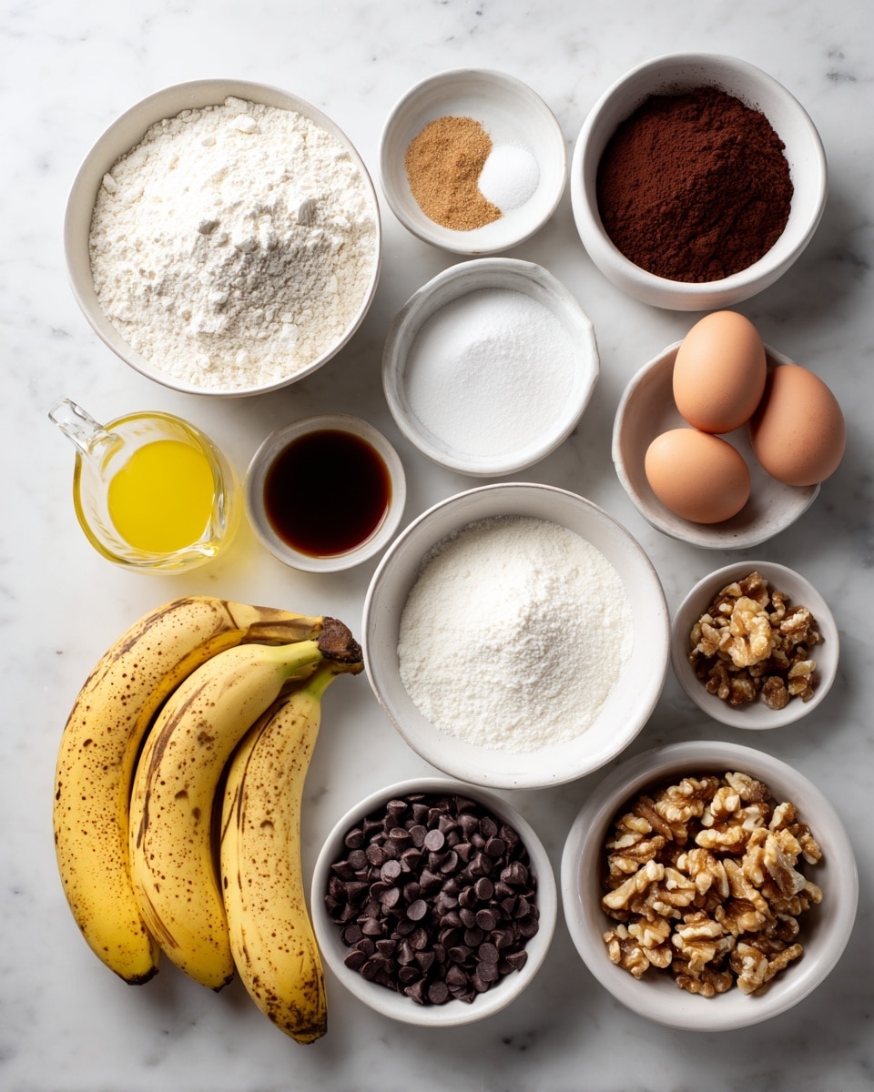 The image shows eleven white bowls and three brown eggs neatly arranged on a white marbled surface. Starting from the top left, there is a large bowl filled with white flour, next to it a smaller bowl with dark brown cocoa powder, followed by two very small bowls containing white baking powder and salt. Below these, there is a small bowl of light brown cinnamon powder. On the left side, a small clear glass jug holds melted butter with a yellow color. Below that, two ripe bananas with brown spots rest on the marble. In the center is a large bowl filled with white sugar. Near the sugar, a small white bowl holds dark brown vanilla extract. Below that, a medium white bowl is full of dark chocolate chips. Next to it is another medium bowl filled with chopped walnuts showing light brown and cream shades. Three brown eggs are placed beside the vanilla bowl. Everything is set on a clean white marbled surface. Photo taken with an iphone --ar 4:5 --v 7