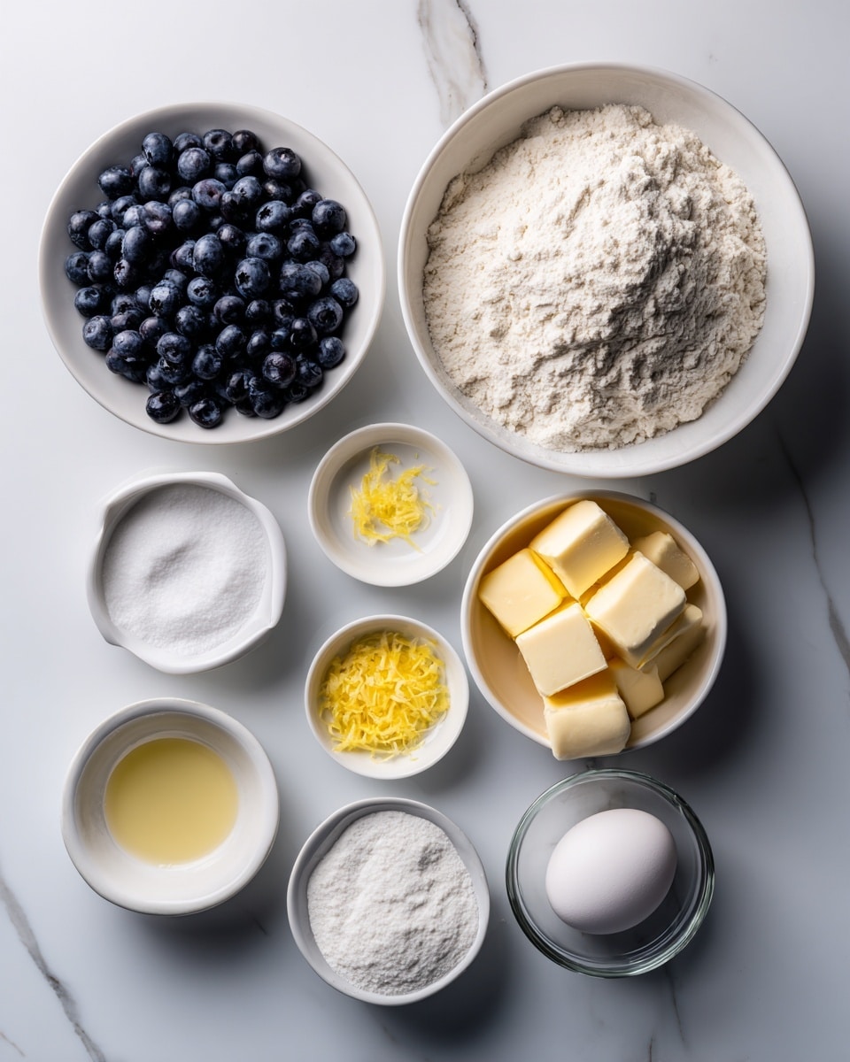 The image shows two sets of bowls with ingredients on a white marbled surface. On the left side, a large white bowl is filled with fresh dark blue blueberries, surrounded below by three small white bowls containing white sugar, yellow lemon zest, and pale yellow lemon juice from left to right. On the right side, a large white bowl is filled with white all-purpose flour, with smaller white bowls and a clear glass measuring cup arranged around it: yellow cubes of butter below the flour, a white bowl of sugar to the upper right, a white bowl of baking powder below it, another white bowl of kosher salt underneath, a white egg to the right, and a clear glass measuring cup filled with half and half positioned below the egg. The bowls and ingredients are neatly placed on the smooth white marbled surface. Photo taken with an iphone --ar 4:5 --v 7