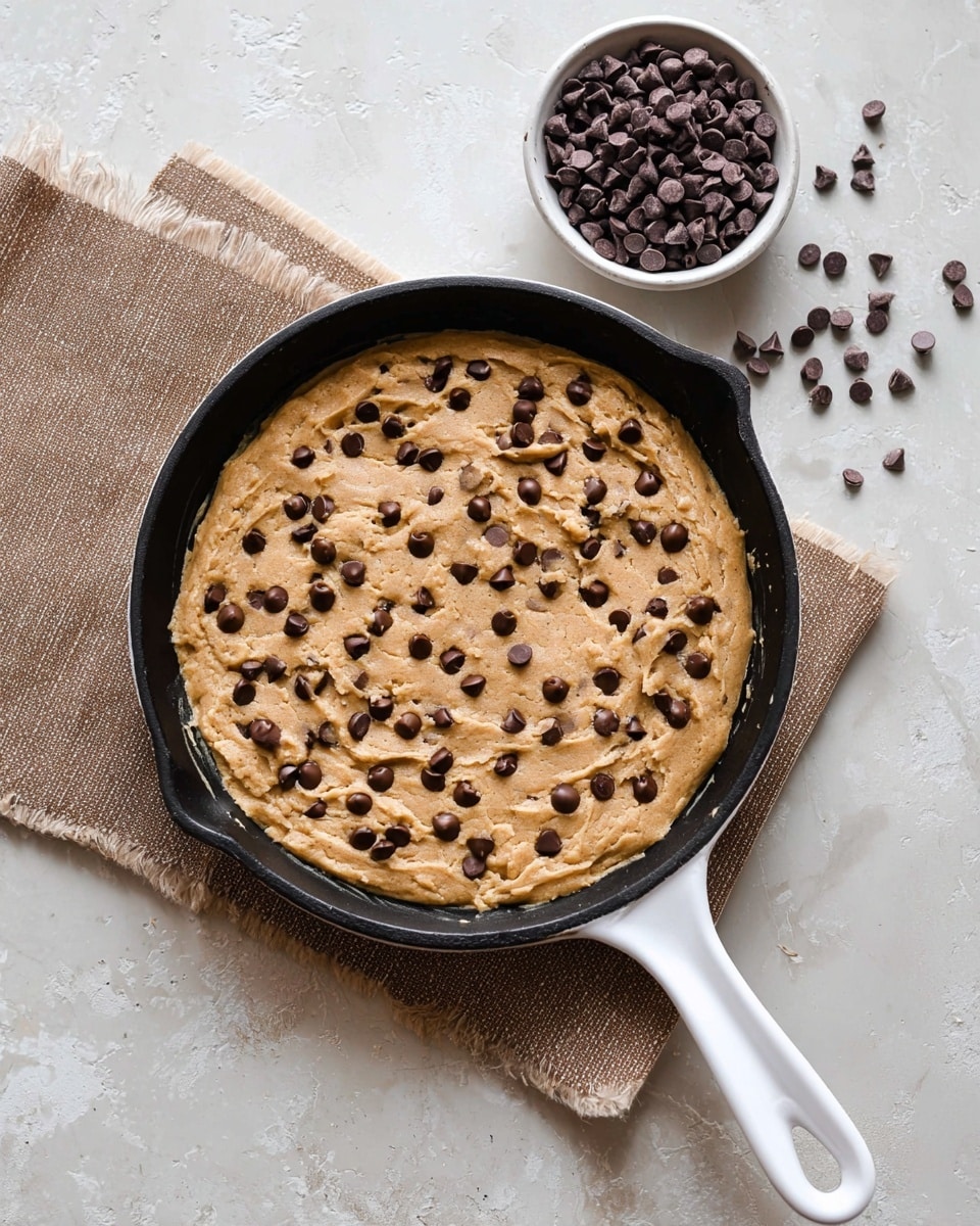 A black cast iron skillet with a white handle holds a thick layer of light brown cookie dough mixed with dark chocolate chips scattered evenly throughout. The dough layer fills the skillet almost to the edges, with a smooth but slightly textured surface. To the top right of the skillet, there is a round white bowl filled with dark chocolate chips, some chips are also scattered lightly around it. Underneath the skillet, a textured light brown cloth adds contrast against the white marbled textured surface beneath everything. photo taken with an iphone --ar 4:5 --v 7