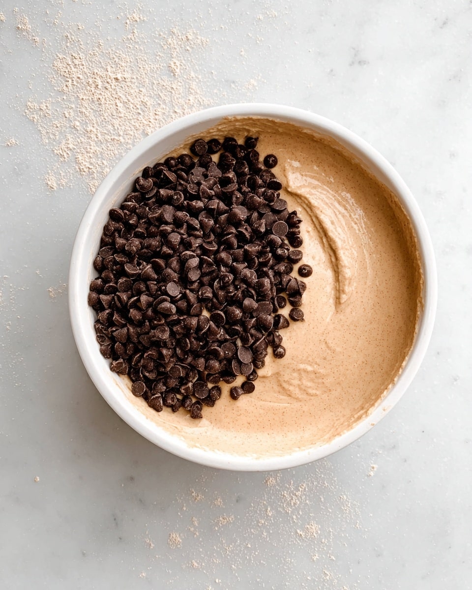 A white bowl filled with light brown batter that has a smooth, creamy texture, taking up most of the bowl. On the left side of the batter, there is a dense layer of small dark brown chocolate chips piled on top, forming a rough oval shape. The bowl is placed on a white marbled surface, with some powder sprinkled lightly around it. photo taken with an iphone --ar 4:5 --v 7