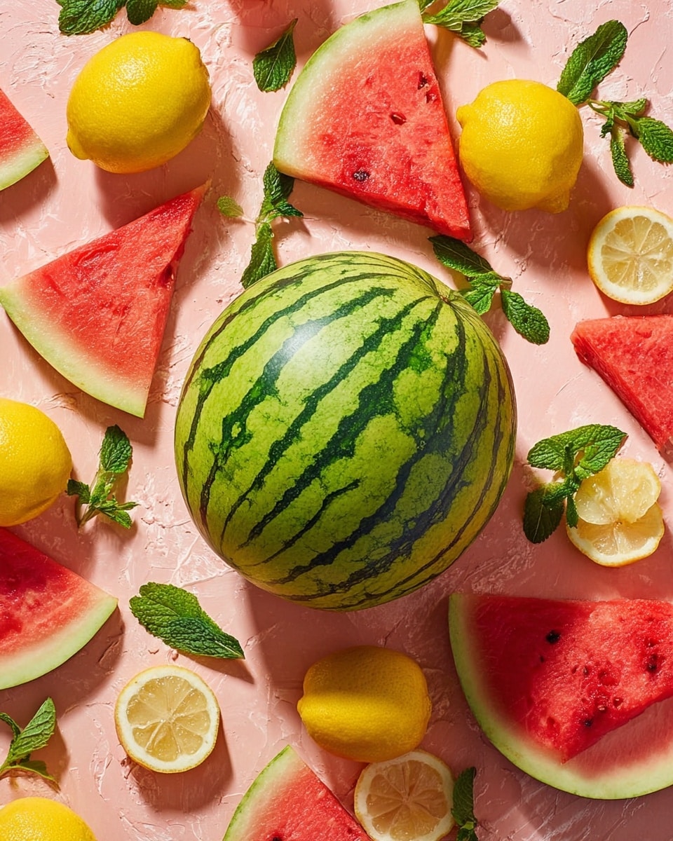 A round whole watermelon with green striped skin is placed on a soft pink surface with a white marbled texture. Around it, there are multiple watermelon wedges showing bright red flesh with seeds and a green rind. Several whole yellow lemons and lemon wedges with white inner flesh are scattered among the watermelon pieces. Fresh green mint leaves are placed around the fruits, adding a pop of color and texture. The scene is bright and fresh, with a natural and summery feel. photo taken with an iphone --ar 4:5 --v 7