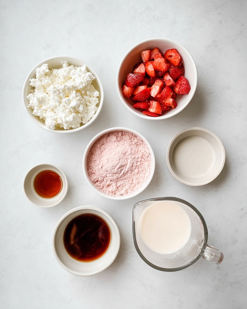The image shows six small white bowls and one clear glass measuring cup arranged on a white marbled surface. The top left bowl contains white cottage cheese with a chunky texture, while the top right bowl holds bright red, chopped strawberries with a glossy look. Below the cottage cheese is a bowl filled with pink powder that looks soft and crumbly. The middle right clear glass measuring cup is filled with a smooth, creamy white liquid. At the bottom left, a small white bowl contains a dark brown liquid with a shiny surface, and next to it on the right, another white bowl holds a lighter brown, amber-colored liquid. All items are spaced out in a clean, minimal layout. photo taken with an iphone --ar 4:5 --v 7