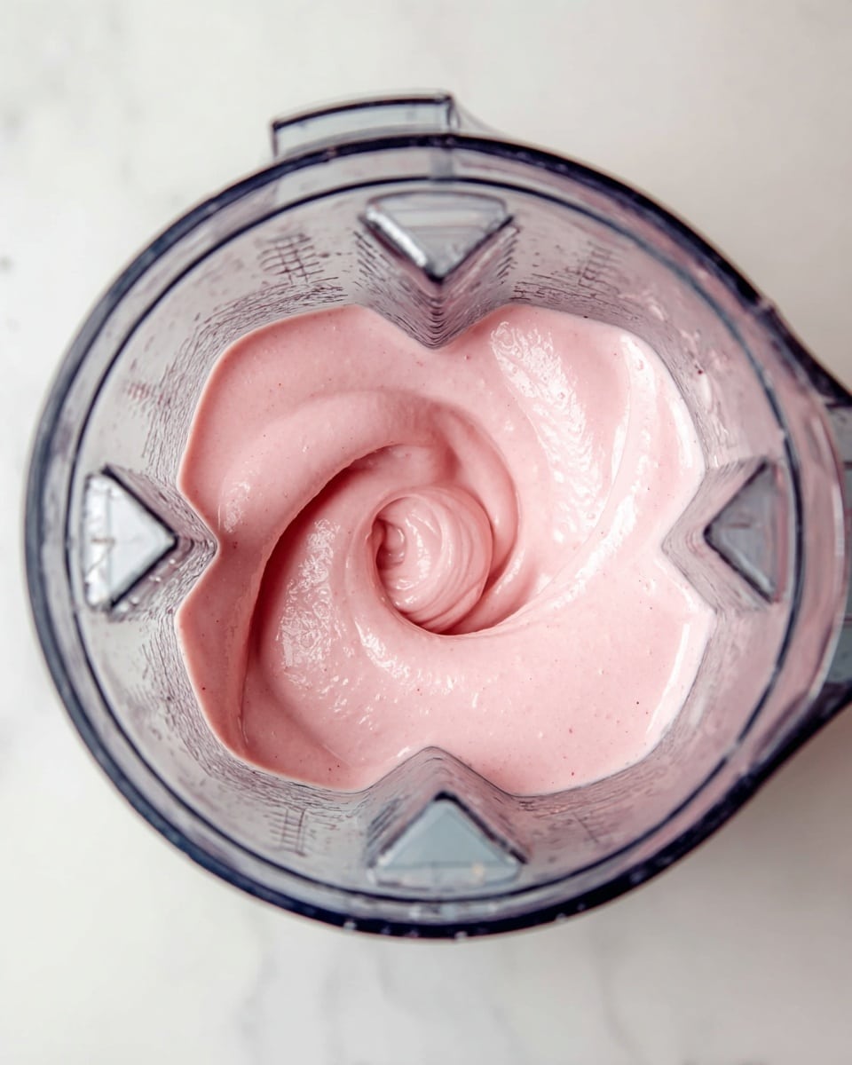 A top view of a blender showing smooth, light pink mixture inside. The mixture swirls gently in the center, with a creamy and thick texture. The blender has a clear plastic container with visible measurements and edges, all placed on a white marbled surface. photo taken with an iphone --ar 4:5 --v 7
