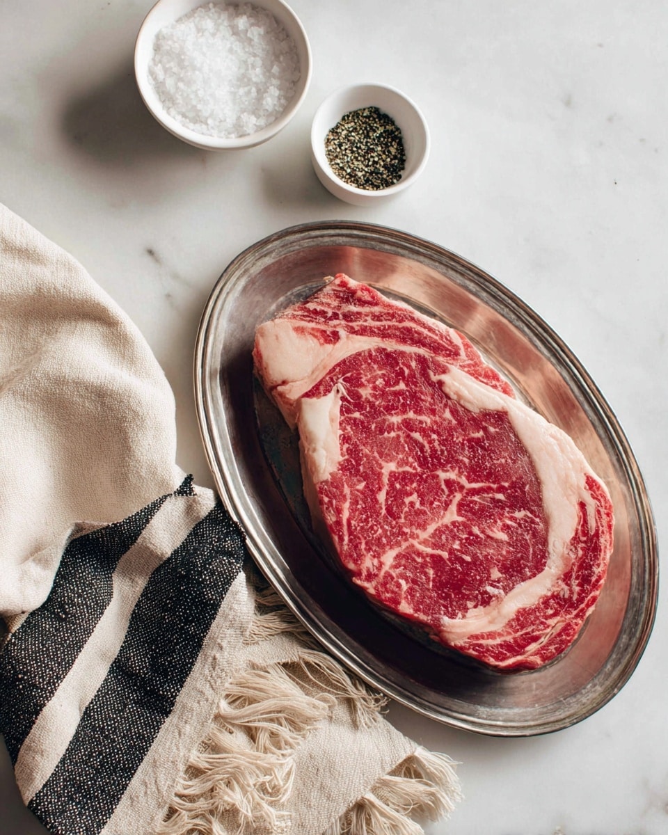 A large raw steak with marbled red and white fat is placed on an oval silver metal plate. The plate sits on a white marbled surface. Nearby, there are two small white bowls, one filled with coarse salt and the other with cracked black pepper. In the bottom part of the image, a beige cloth with black stripes and frayed edges lays on the surface. The photo is taken with an iphone --ar 4:5 --v 7