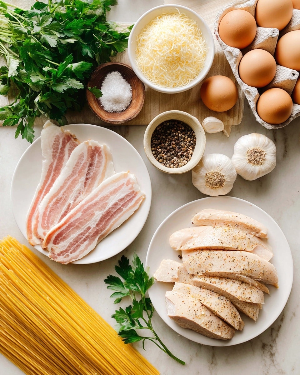 The image shows a flat lay of cooking ingredients on a white marbled surface. In the center right, there is a white plate with several slices of cooked chicken, stacked neatly in layers with a light seasoning visible. To the left, another white plate holds three slices of uncooked bacon, pink and white in color with a slightly fatty texture. Above, there is a small bowl filled with grated cheese, pale yellow in color, and a small bowl with cracked black pepper. Surrounding these are several whole garlic cloves and a bulb of garlic. At the bottom left, a bundle of uncooked yellow spaghetti is laid out, and next to it is a white egg carton holding six brown eggs. There is some fresh green parsley scattered around the items. Photo taken with an iphone --ar 4:5 --v 7