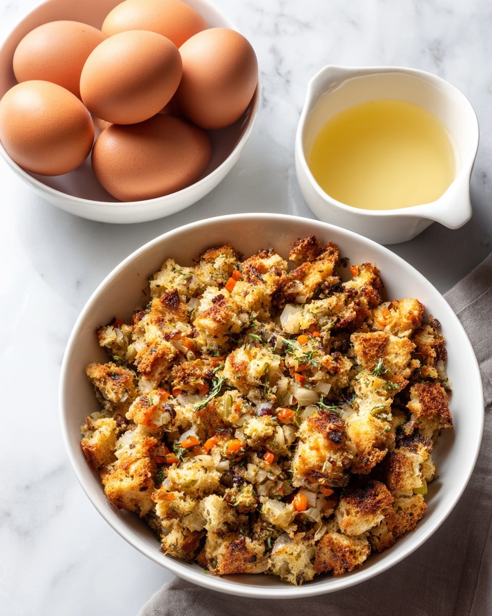 A white bowl filled with leftover stuffing showing chunks of bread mixed with small pieces of vegetables and herbs, the stuffing looks textured with brown and beige colors, placed on a white marbled surface. Next to it, there is a white bowl holding four brown eggs with smooth shells. In front of both bowls is a small cup filled with clear light yellow stock. Photo taken with an iphone --ar 4:5 --v 7