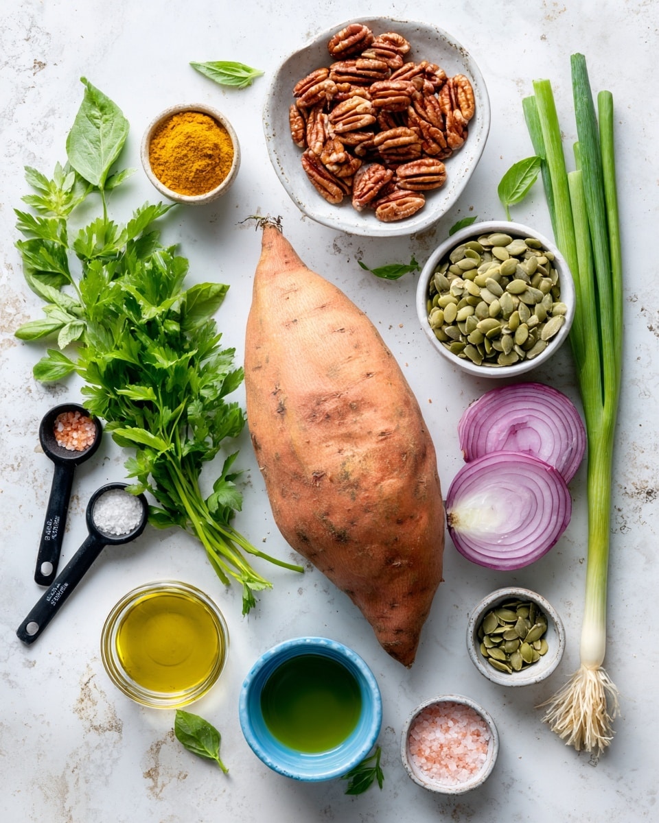A large sweet potato sits at the top right on a white marbled surface, surrounded by small white bowls holding different ingredients: a bowl full of brown pecans is near the top center, a white bowl with light green pumpkin seeds to its right, and a white bowl with yellow mustard at the bottom left. In the middle are fresh green parsley leaves beside a purple and white onion, along with bright green basil leaves and green onion stalks. On the left side, there are black measuring spoons with light-colored garlic powder and golden honey. Three small bowls contain liquids and seasoning: a blue bowl with green olive oil at the bottom center, a small white bowl with pink salt near it, and another tiny bowl with olive oil in the middle left. A woman’s hand is not visible but the carefully placed ingredients create a neat, fresh, and colorful layout. Photo taken with an iphone --ar 4:5 --v 7
