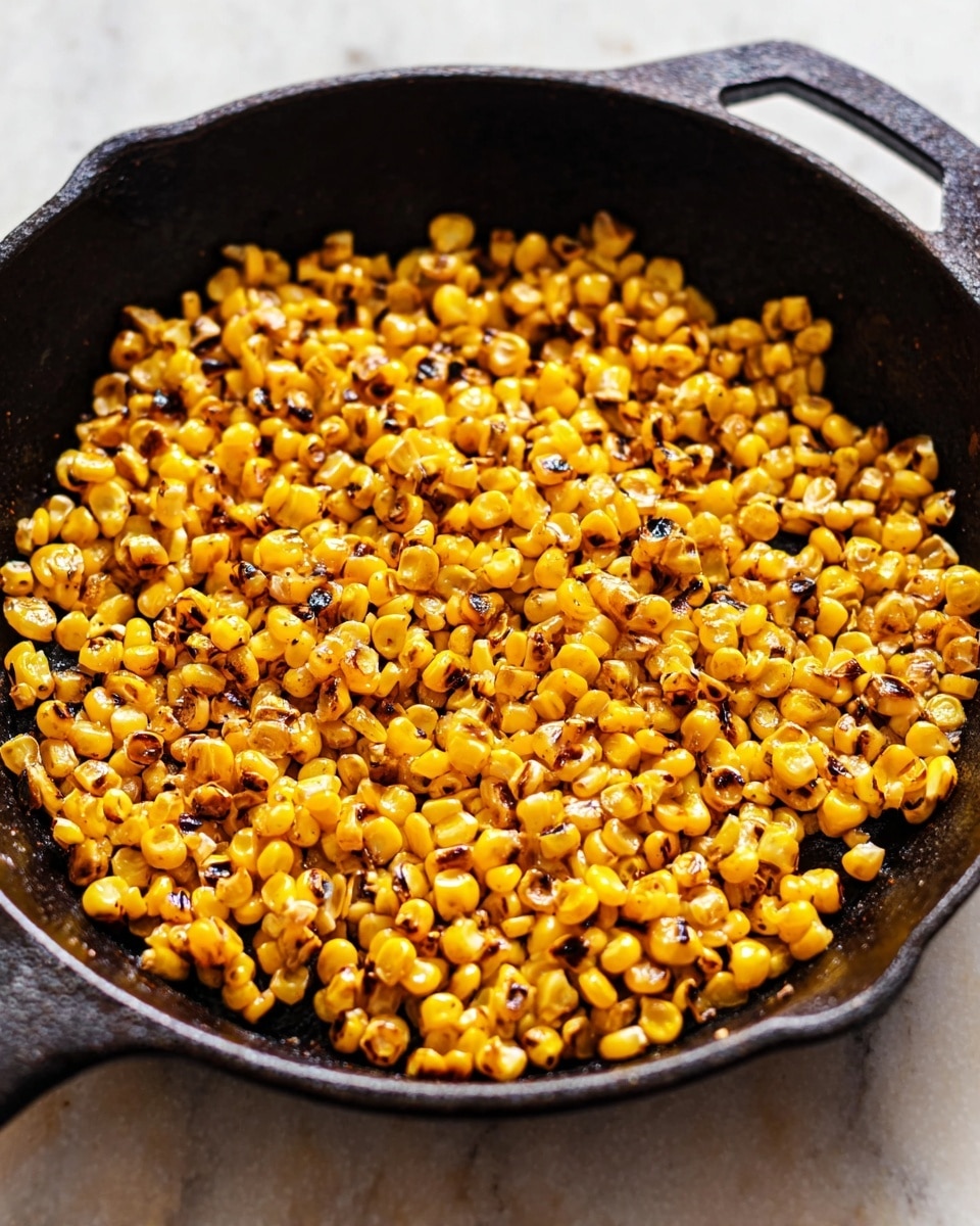 A close-up view of a black cast iron pan filled with a single even layer of golden yellow charred corn kernels, some pieces showing darker brown spots from cooking. The corn looks shiny and cooked, spread flat across the pan’s round base. The pan sits on a white marbled surface, and its thick handle extends outward. Photo taken with an iphone --ar 4:5 --v 7