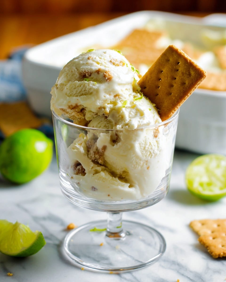 A clear glass cup holds two scoops of creamy white ice cream with visible bits of light brown mixed in. A light brown rectangular cracker is placed sticking out from the ice cream on the right side. The glass cup sits on a white marbled surface with some bright green lime halves scattered around. In the background, there is a white dish filled with more ice cream and crackers, slightly blurred. Photo taken with an iphone --ar 4:5 --v 7