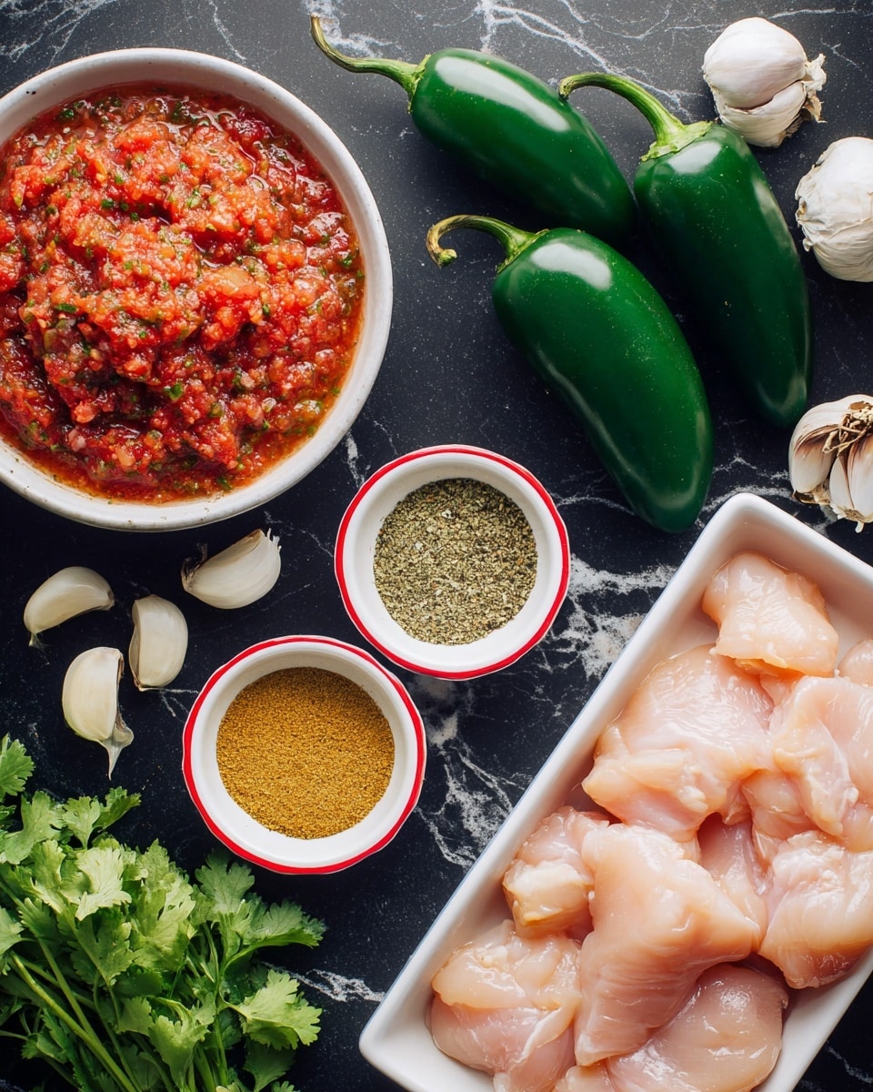 The image shows a white rectangular dish in the bottom right filled with raw chicken pieces, pale pink with smooth texture. To the left of the dish is a round white bowl filled with chunky red salsa mixed with green bits, showing a wet texture. Above the salsa bowl are three whole green jalapeños with smooth shiny skin. Two small white bowls with red rims contain dry spices; one with a green leafy texture and the other with a fine yellow powder, placed above and to the right of the salsa. Around these bowls and dishes, several cloves of peeled garlic and sprigs of green cilantro decorate the edges. The background is a dark surface with a white marbled texture visible in parts. Photo taken with an iphone --ar 4:5 --v 7