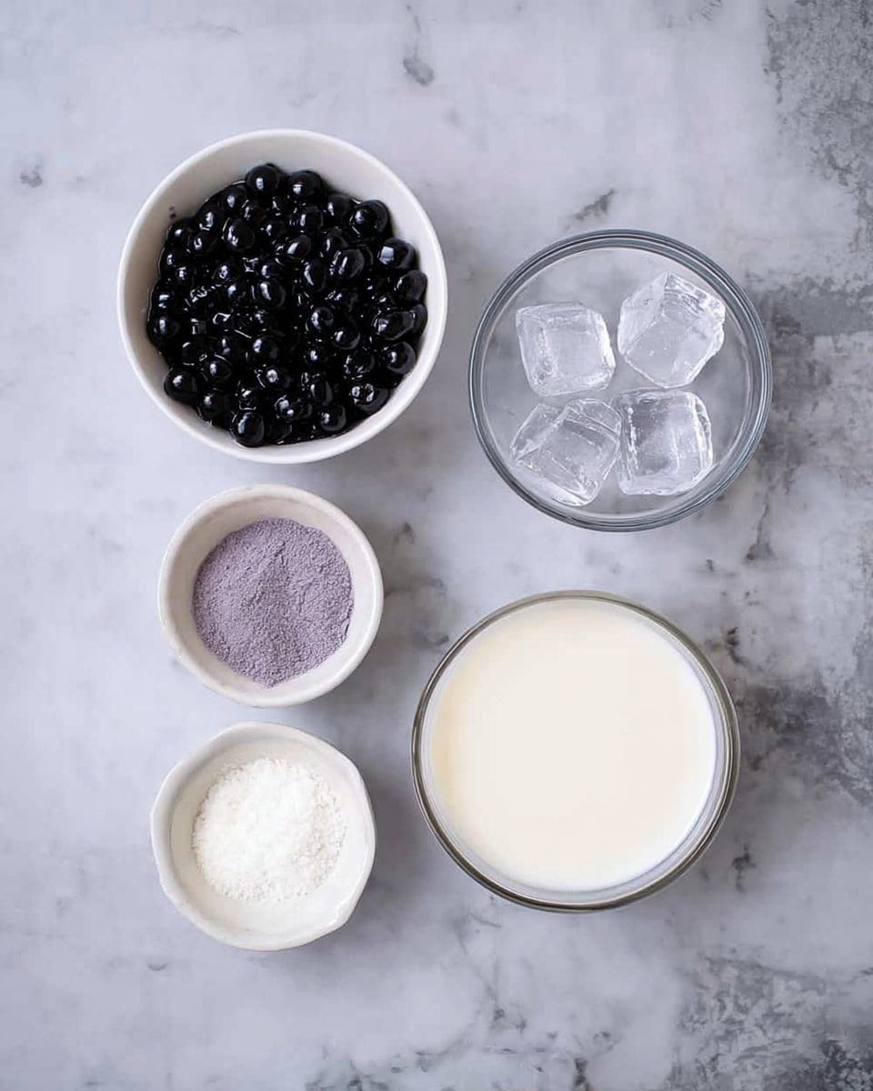 Five small white bowls sit on a white marbled surface, each holding a different ingredient. The top left bowl is filled with shiny black cooked boba pearls, smooth and round. Next to it on the right is a bowl with clear, irregular ice cubes. Further right, a bowl holds fine, light purple taro boba powder with a soft texture. Below, a small bowl contains white sugar granules, and next to it on the right is a larger bowl filled with creamy white milk, smooth and thick. The layout is neat and simple, showing clear contrasts in color and texture photo taken with an iphone --ar 4:5 --v 7