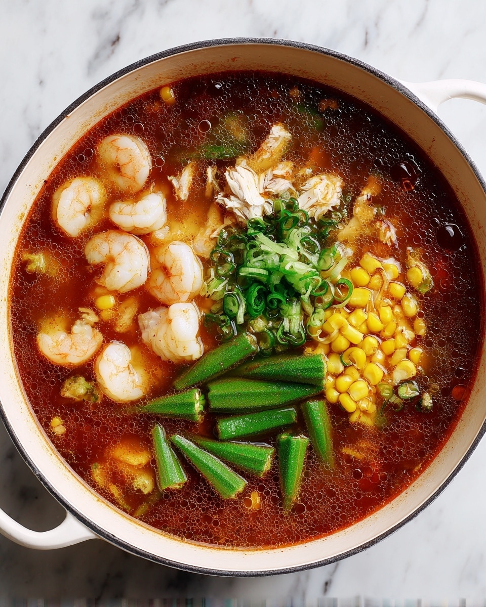 A white pot filled with a rich reddish-brown soup showing four main sections: a cluster of pale, peeled shrimp on the left side with soft texture, a small pile of shredded white chicken pieces placed above the shrimp, vibrant green okra slices scattered on the upper right side, and bright yellow corn pieces arranged in a small group on the lower right side. The broth shows small bubbles and oil spots on the surface, and the pot sits on a white marbled surface photo taken with an iphone --ar 4:5 --v 7