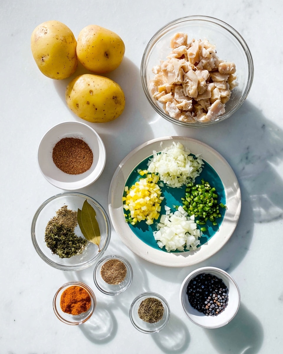 The image shows several small bowls and a plate with different chopped ingredients set on a white marbled surface. In the bottom left, a white bowl holds two whole yellow potatoes with a slightly rough texture. To the left center, a large clear glass bowl contains chopped beige pieces resembling cooked chicken or a similar protein. A round white bowl in the top left has a brown ground spice. On the right side, a white plate with a turquoise center shows five sections of ingredients arranged in a circle: chopped white onions, a pile of chopped green chili peppers, minced yellow ginger, white minced garlic, and a few whole green leaves, including a bay leaf. At the bottom center, a small clear glass bowl holds four spices in distinct sections: orange powder, light brown, dark gray, and black coarse spices. A small white bowl on the bottom right contains small round black seeds. The setup is neat and bright, with clear light and shadows showing texture details photo taken with an iphone --ar 4:5 --v 7