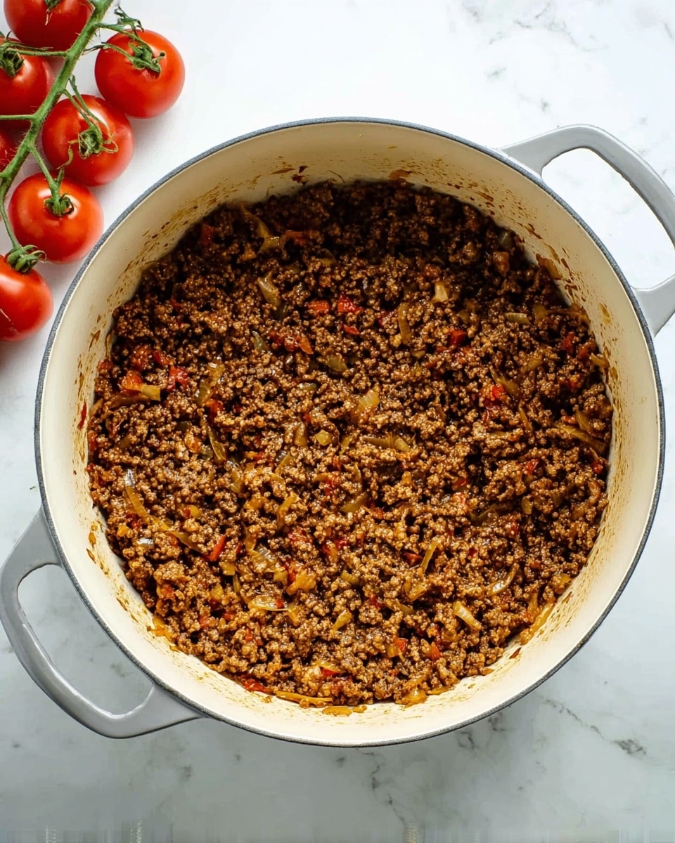 A large grey pot with white inside filled with cooked ground beef mixed with small pieces of onions and tomatoes. The beef mixture is finely crumbled and spread evenly, showing a moist and slightly oily texture with browned bits. The pot is placed on a white marbled surface, with a bunch of bright red cherry tomatoes on the vine to the left, adding a fresh contrast. Photo taken with an iphone --ar 4:5 --v 7