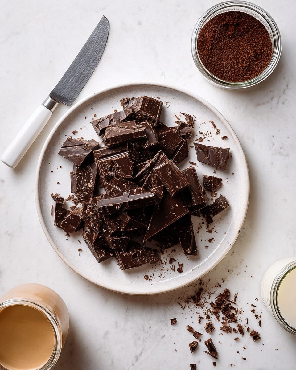 The image shows a white round plate filled with large, broken pieces of dark chocolate scattered unevenly, some pieces stacked on others, with small chocolate shavings around them. A knife with a white handle lies diagonally across the plate on the left side. Around the plate, on the white marbled surface, there is a small glass bowl filled with ground coffee on the top right, a jar of light brown liquid on the left, and a jar of cream or milk at the bottom right. Small chocolate crumbs are scattered on the surface near the plate. Photo taken with an iphone --ar 4:5 --v 7