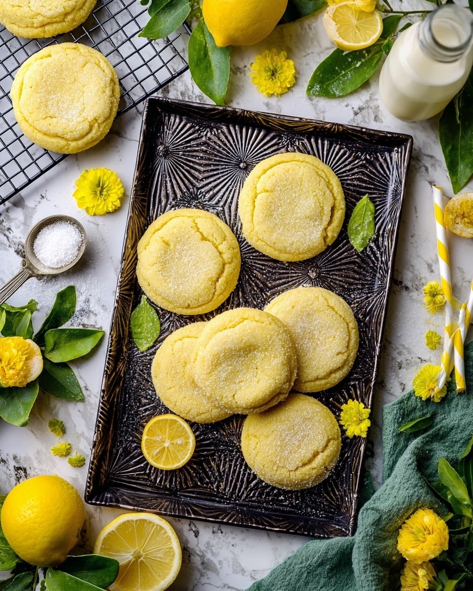 Soft Lemon Sugar Cookies Recipe 5 The image shows five round cookies laid out on a white marbled surface. Each cookie has a thick layer of smooth white frosting spread on top, with small yellow and white sprinkles scattered over the frosting. The cookies are light golden brown and look soft with slightly rough edges. Two lemon wedges, one near the top right corner and one on the left side, add a fresh touch to the scene. The overall colors are warm and bright, focused on the soft yellows and whites. photo taken with an iphone --ar 4:5 --v 7