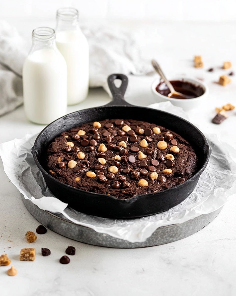 A black cast iron pan filled with a thick, dark brown chocolate cookie dough base, dotted evenly with light tan and dark brown chocolate chips on top. The pan sits on crumpled white parchment paper placed on a round silver tray. Around the pan, there are scattered light tan and dark brown chocolate chips on a white marbled surface. In the background, two glass bottles of milk and a small white bowl with dark melted chocolate and a spoon can be seen. The overall lighting is bright and soft. photo taken with an iphone --ar 4:5 --v 7