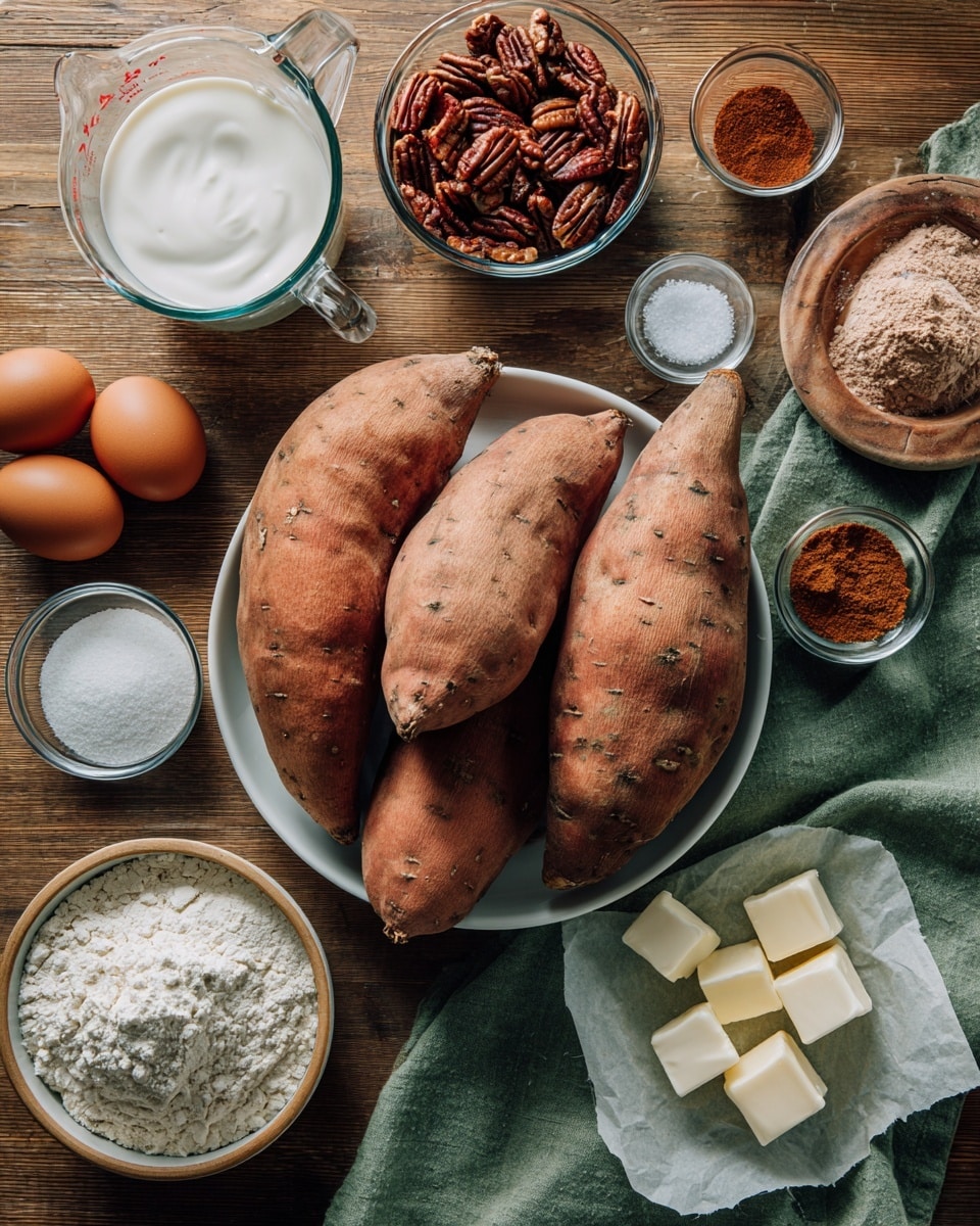 The image shows a top-down view of various baking ingredients arranged on a wooden table. In the center, a white bowl holds four large sweet potatoes with a rough, earthy skin. To the top left, a clear glass measuring cup filled with half-and-half cream sits next to a glass bowl of dark brown pecans. On the right side, two brown eggs rest on a soft green cloth. Smaller clear bowls contain white flour and brown sugar, with the sugar in a bright red bowl. Small metal and glass containers hold salt, cinnamon, and vanilla, and there are several white butter cubes on a piece of paper near the bottom right. Everything is neatly placed and well-lit, emphasizing the natural colors and textures of the ingredients. Photo taken with an iphone --ar 4:5 --v 7