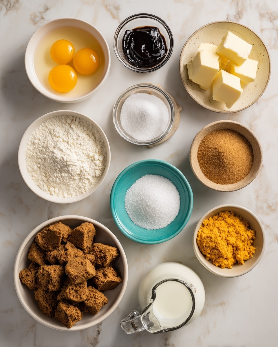 The image shows several small white bowls and a glass measuring jug arranged on a white marbled surface. There is a white bowl with three bright yellow egg yolks in the upper left, next to a small clear glass bowl with dark brown vanilla bean paste. A small white bowl of light yellow butter cubes sits on a white marbled surface near the top right. In the center, a small beige bowl holds light brown brown sugar, while a white bowl holds coarse orange pumpkin puree to the right. A small turquoise bowl of white salt is centered among the ingredients. Below, a small beige bowl contains white cornstarch, and next to it, another white bowl has granulated white sugar. At the bottom left, a larger white bowl is filled with crushed dark golden Biscoff cookies. A clear glass measuring jug with white whole milk is positioned at the bottom right. Each ingredient's name is labeled in bold black text on white boxes above or beside the bowls. Photo taken with an iphone --ar 4:5 --v 7