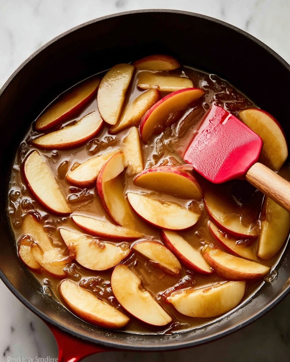 The image shows a black pan filled with light brown, thinly sliced apple wedges that have red skin edges. They are simmering in a shiny, light brown liquid with small caramelized onion pieces scattered among the slices. A bright red spatula with a wood handle is resting inside the pan, partially touching the apples and sauce. The scene is lit softly, emphasizing the glossy texture of the sauce and the soft matte of the cooked apple slices. The pan is placed on a white marbled surface. photo taken with an iphone --ar 4:5 --v 7