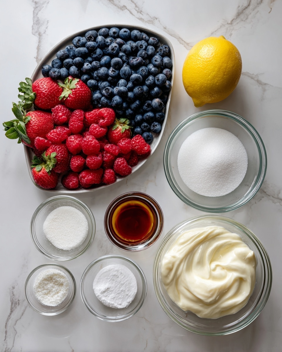 The image shows various ingredients arranged neatly on a white marbled surface. On the top left, there is a metal tray filled with three sections of fresh berries: deep blue blueberries, bright red raspberries, and large red strawberries with green leaves. To the top right, a whole yellow lemon sits alone. Below the lemon, a clear round bowl is filled with white granulated sugar. Around the center and bottom left, several small clear glass bowls hold white powders labeled as cornstarch, cream of tartar, and salt, while a small bowl in the middle contains brown vanilla extract. Finally, there are two larger clear glass bowls on the bottom right side: one filled with translucent, light yellow egg whites and another with thick white heavy cream. The setup is clean and bright, emphasizing the freshness of the ingredients. Photo taken with an iphone --ar 4:5 --v 7
