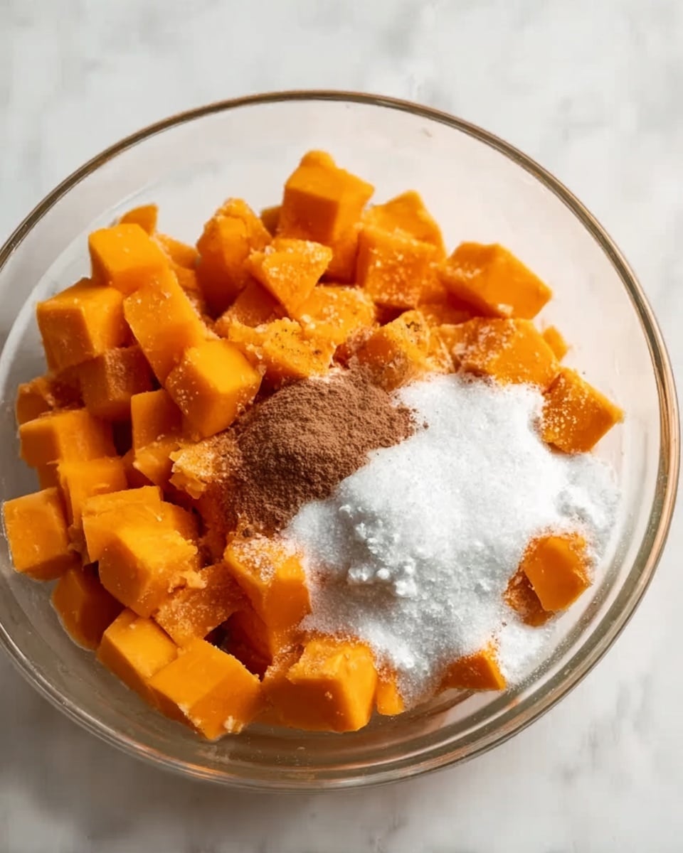 A clear glass bowl filled with small square pieces of bright orange pumpkin, topped with white granulated sugar, a small mound of white flour, and a pinch of brown cinnamon powder all sitting on a white marbled surface. Photo taken with an iphone --ar 4:5 --v 7