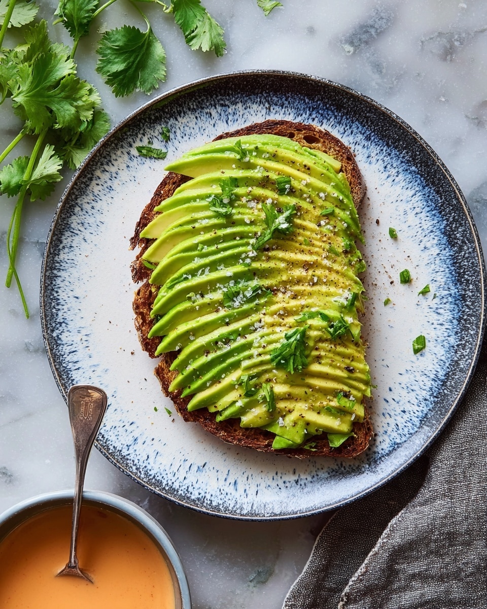 A single slice of dark toasted bread is topped with evenly spread, mashed avocado layers of light green and yellow-green shades, arranged in a neat, slightly ridged pattern. The avocado is sprinkled with coarse salt and cracked black pepper, adding texture and contrast. The toast is placed on a white plate with blue-gray speckled edges, sitting on a white marbled surface. Nearby, fresh cilantro leaves and a small bowl with light orange sauce, with a silver spoon inside, add extra visual interest. Photo taken with an iphone --ar 4:5 --v 7