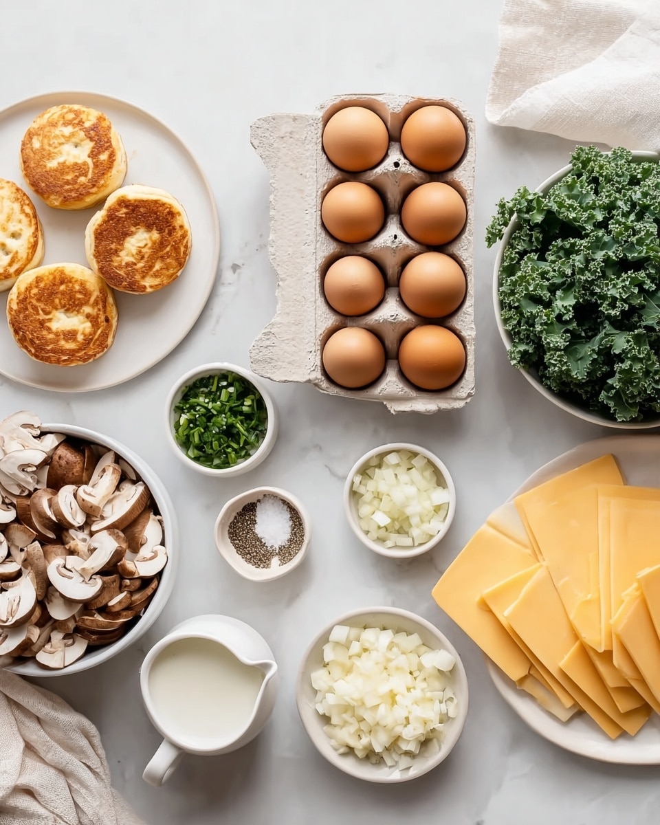 The image shows raw ingredients arranged neatly on a white marbled surface. There is a white plate on the left side with four toasted English muffins, each golden brown on top. Next to the plate is an open carton holding twelve brown eggs with one egg being a lighter color. Below the eggs is a small white creamer filled with milk. To the right side, there are three white bowls: one filled with chopped mushrooms, one with chopped kale, and one small bowl with diced onions. Nearby is a small round bowl containing salt and black pepper. On the far right, a plate holds several slices of yellow cheese stacked slightly overlapping. A white cloth napkin is partially visible at the top right corner. photo taken with an iphone --ar 4:5 --v 7