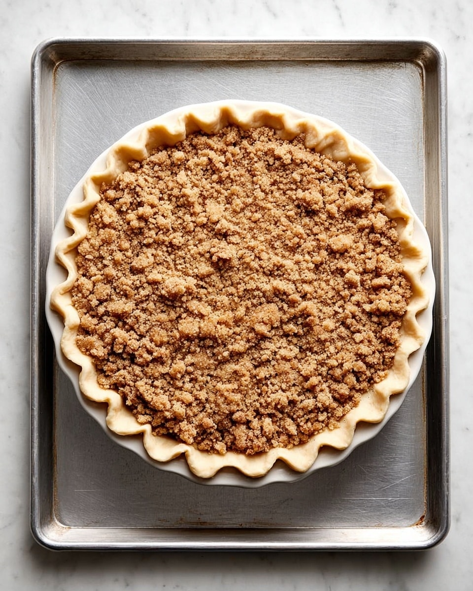 A white pie dish with a crimped edge holds a pie with a crumbly brown topping that spreads evenly to the edges. The crumb topping is coarse and textured, composed of small and larger bits. The pie dish sits on a metal baking tray, placed on a white marbled surface. photo taken with an iphone --ar 4:5 --v 7