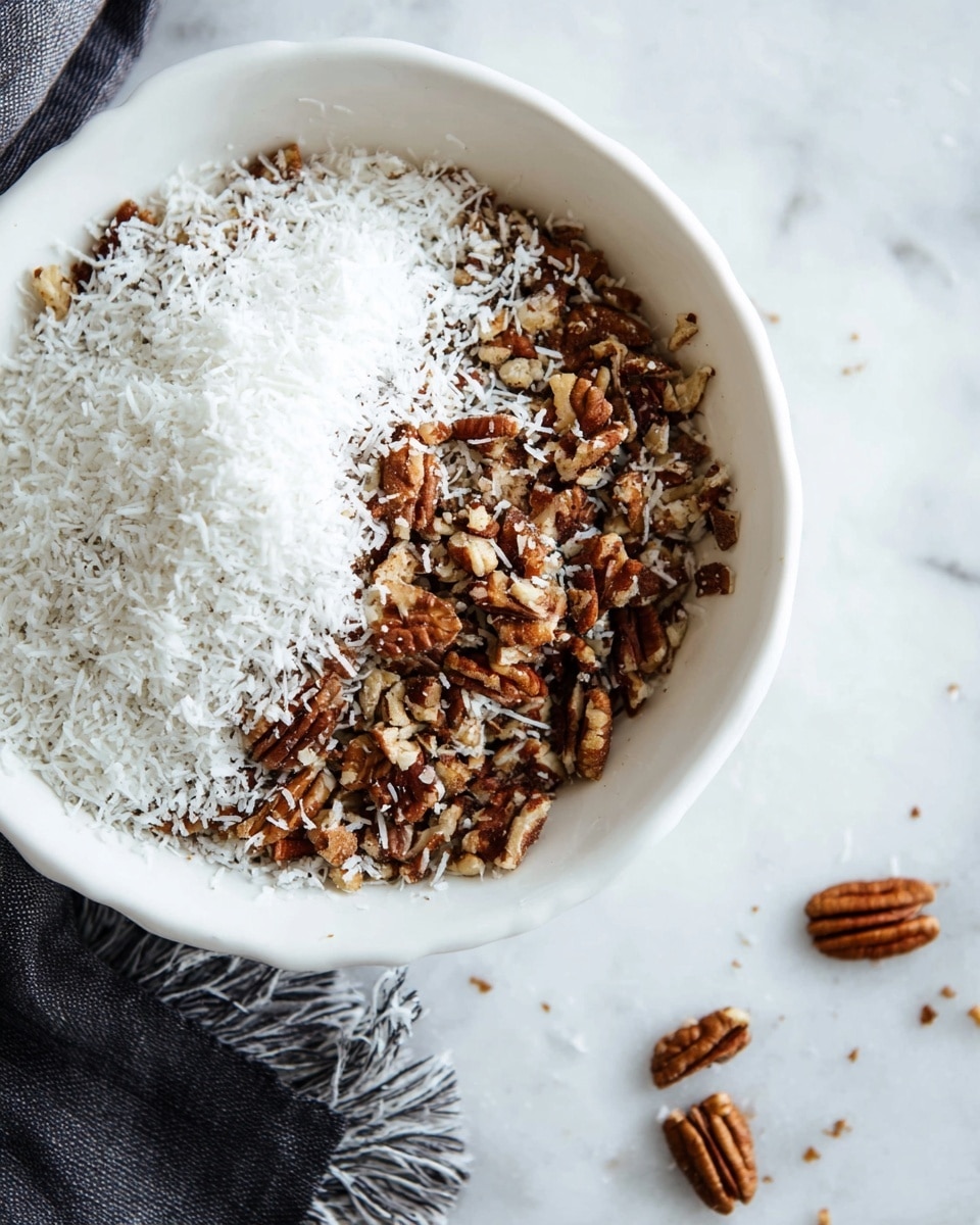A white bowl on a white marbled surface holds two layers of ingredients: the bottom half is filled with chopped brown pecans of varied sizes with rough textures, while the top half is covered with a thick layer of fine, white shredded coconut. A few pecan pieces are scattered outside the bowl near the bottom right, and a dark cloth with fringe is partially visible beneath the bowl on the left side. The photo taken with an iphone --ar 4:5 --v 7