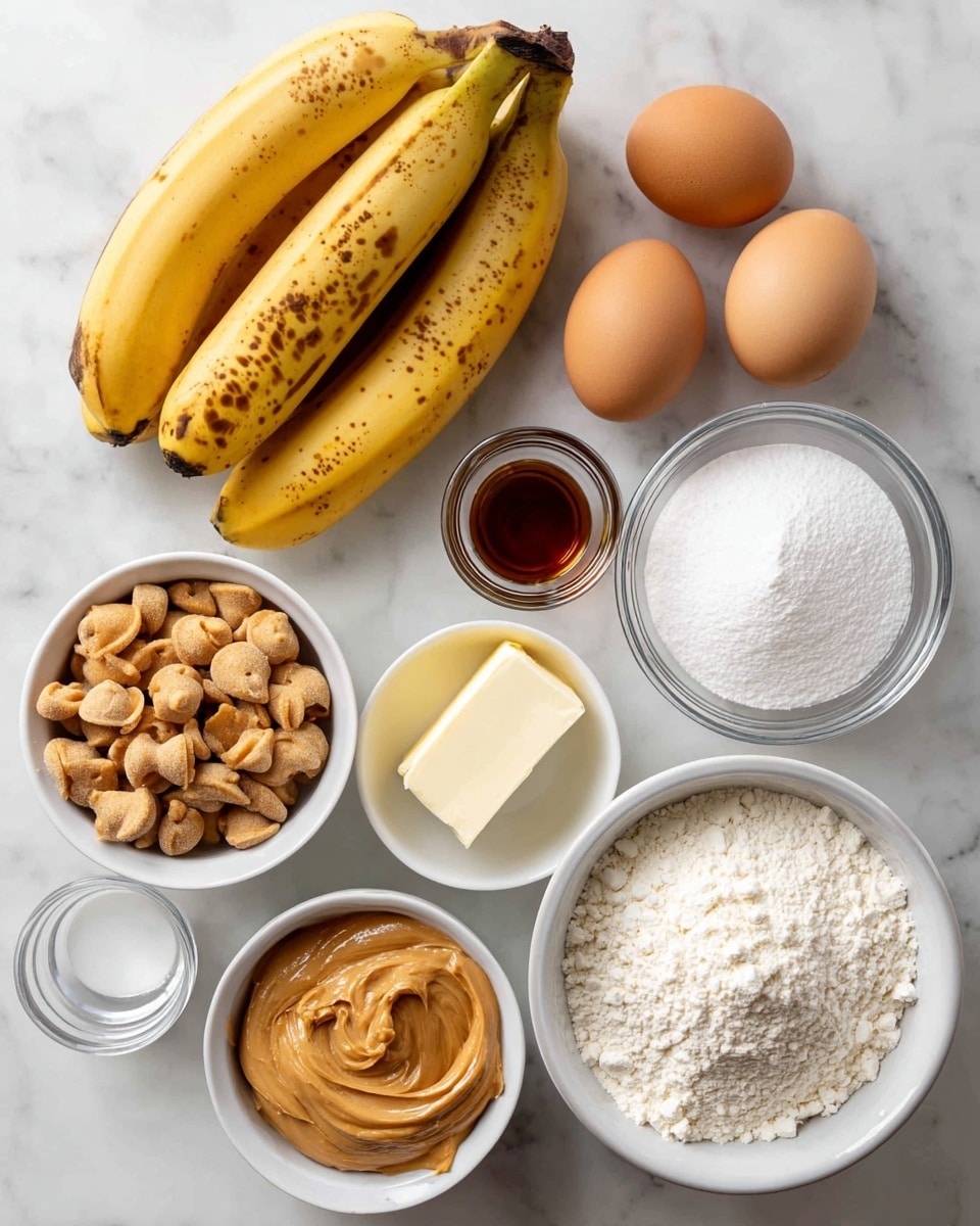 The image shows various baking ingredients neatly arranged on a white marbled surface. Starting from the top left, there are four ripe bananas with brown spots. To the right of the bananas, two brown eggs are placed side by side. Below the eggs are small clear glass bowls containing salt, vanilla extract, and baking soda, arranged in a row from left to right. Towards the middle bottom, a white bowl filled with all-purpose flour sits on the bottom left corner. Next to it, a white bowl is filled with peanut butter chips; above this bowl is a stick of unsalted butter in its wrapper. To the right of the peanut butter chips is a white bowl with smooth peanut butter, and further right is a larger white bowl containing white sugar. At the bottom right corner, part of a white bowl filled with buttermilk is visible. Each ingredient is labeled clearly in simple black text with white background behind the labels. Photo taken with an iphone --ar 4:5 --v 7